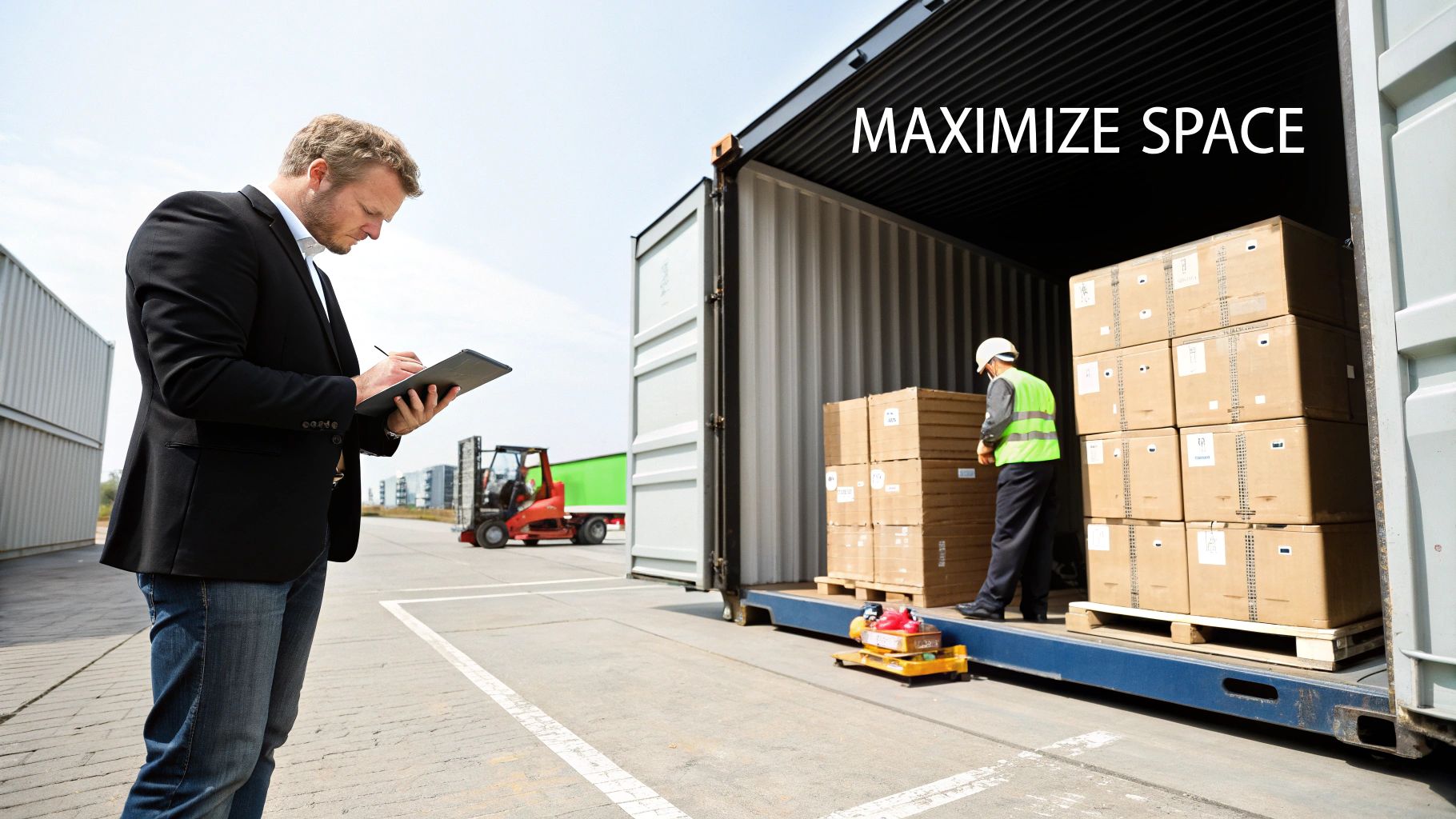 A logistics manager checks inventory as a worker loads boxes into a shipping container.