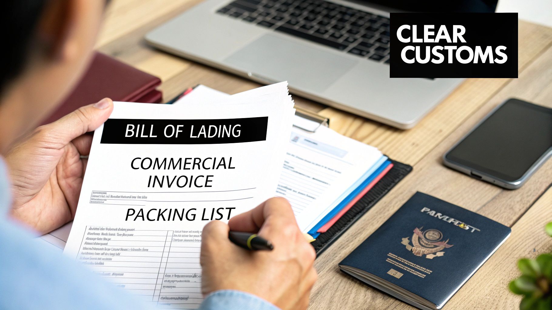 Person completing shipping documents like Bill of Lading and Commercial Invoice, with passport and laptop nearby, preparing to clear customs.