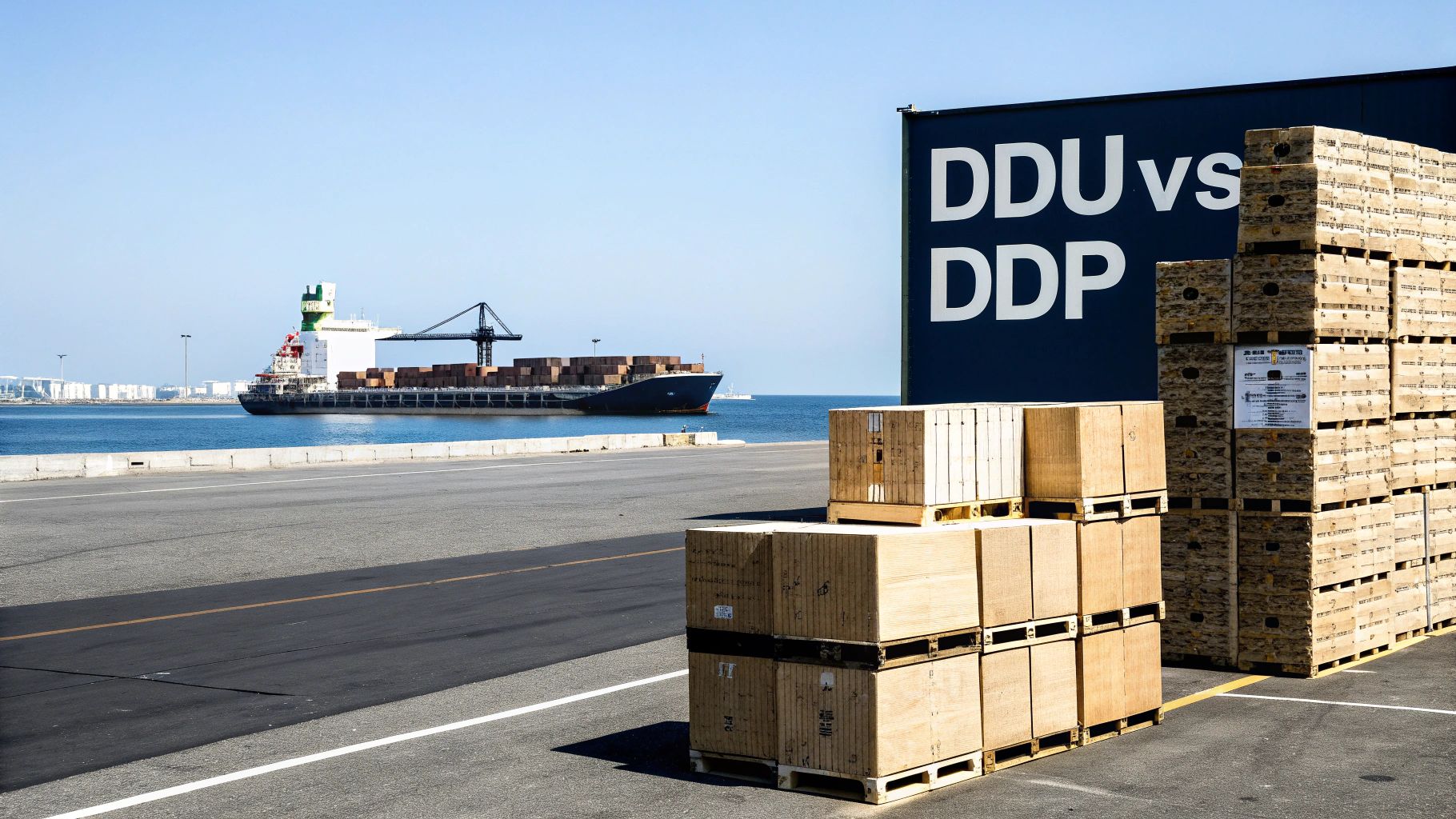 A cargo ship with containers at a port, with stacks of wooden crates and a "DDU vs DDP" sign.