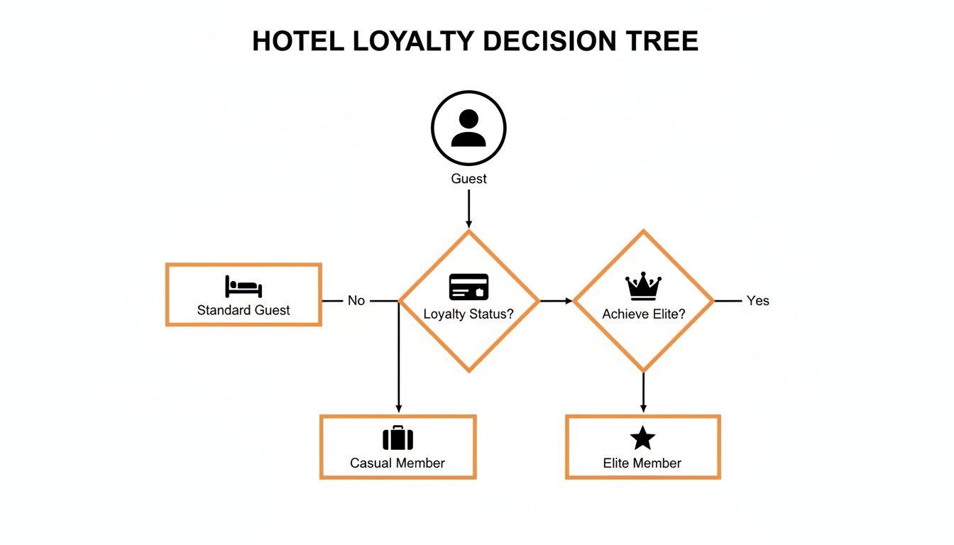 Flowchart illustrating a hotel loyalty decision tree for guests to determine their status.