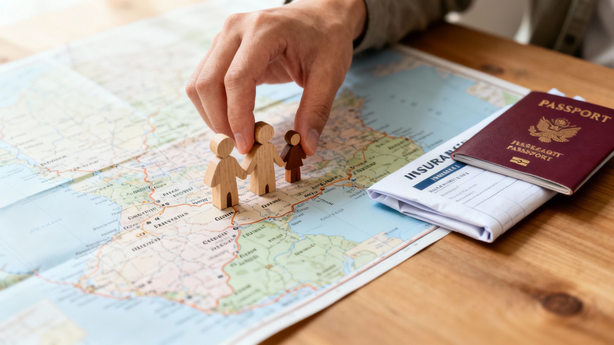 Best travel insurance for families A hand places wooden family figures on a world map, with a passport and insurance document nearby.