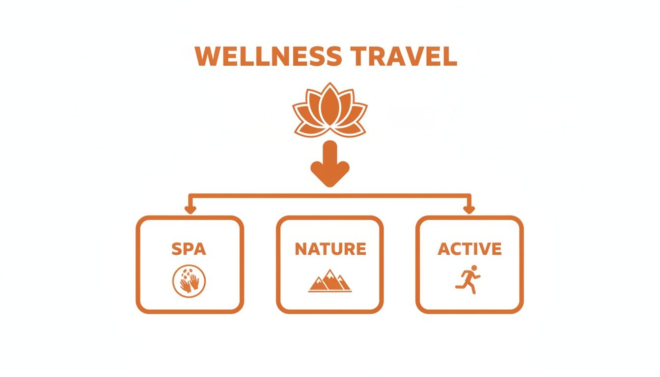 Wellness Travel_ Your Meditative Guide to Restorative Journeys A diagram illustrating wellness travel categories, branching from a lotus flower to Spa, Nature, and Active.