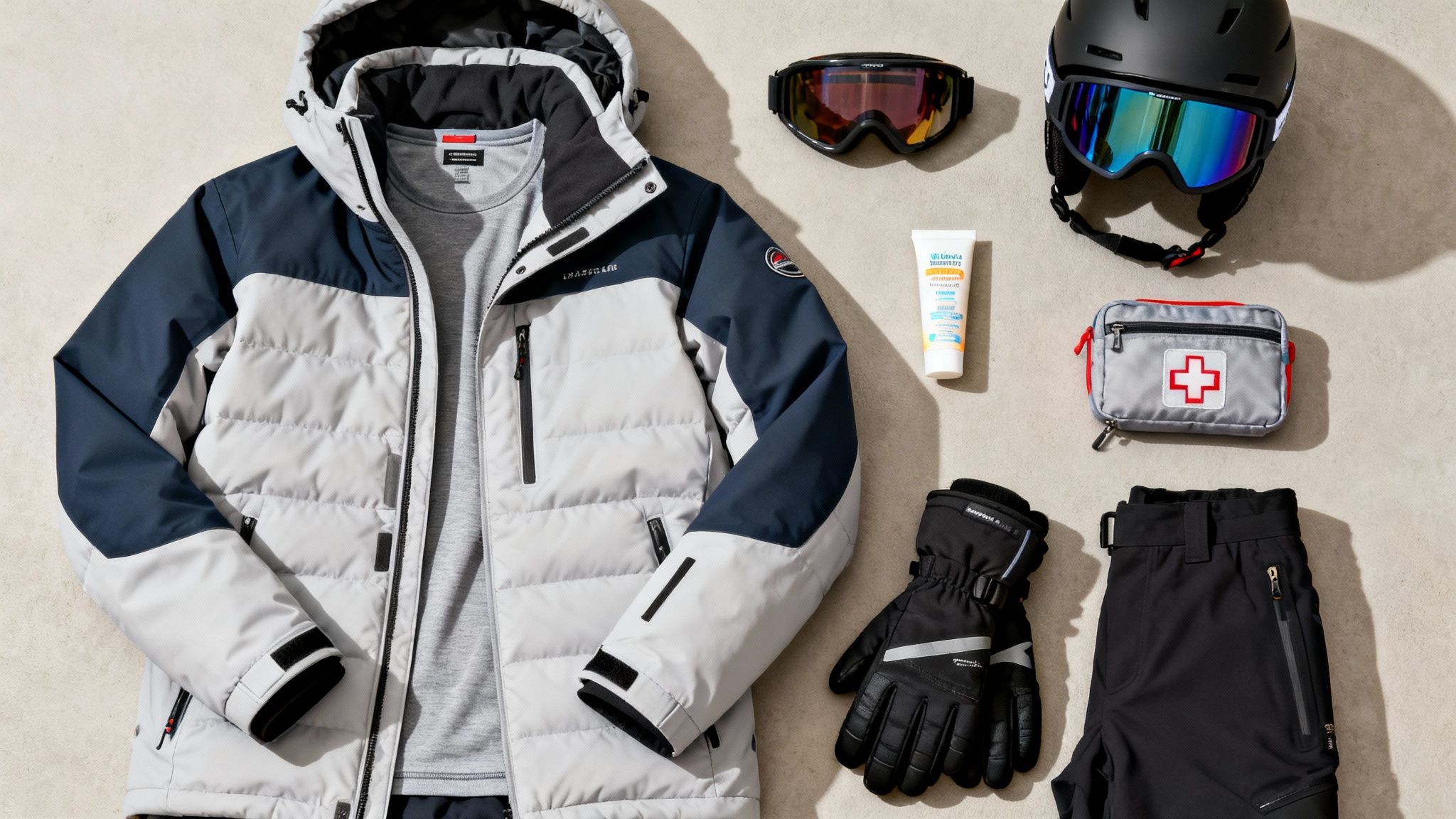 How to Plan a Ski Trip That's All Thrills and No Chills A flat lay of essential ski trip gear, including a jacket, helmet, goggles, gloves, pants, and a first aid kit.