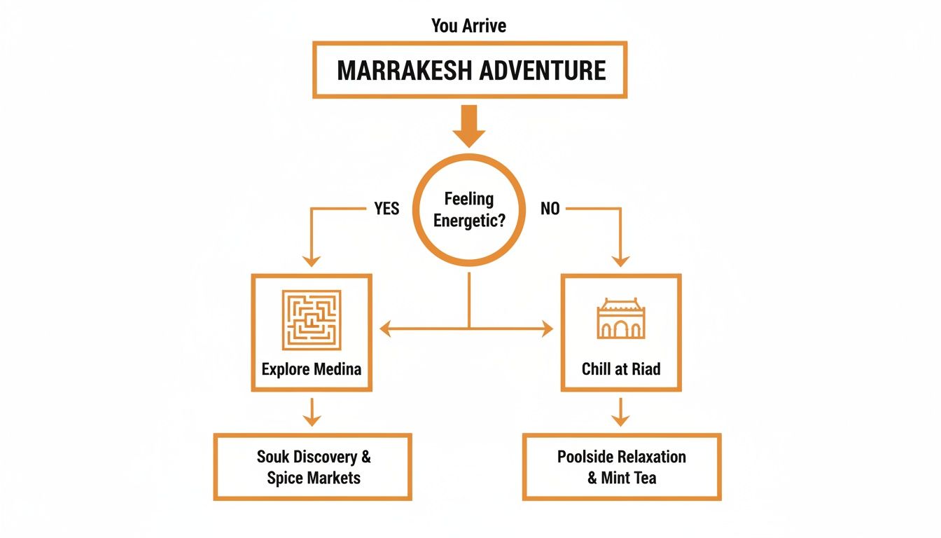 Flowchart outlining Marrakesh adventure choices based on energy levels: explore Medina or relax at a Riad.