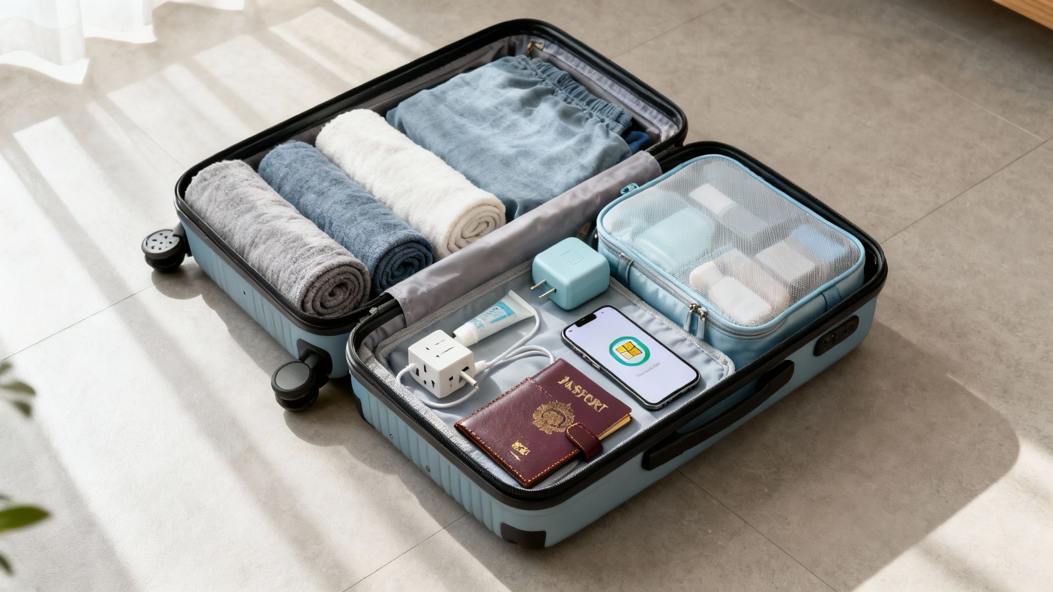 An open light blue suitcase neatly packed with rolled clothes, toiletries, passport, and electronics for international travel.