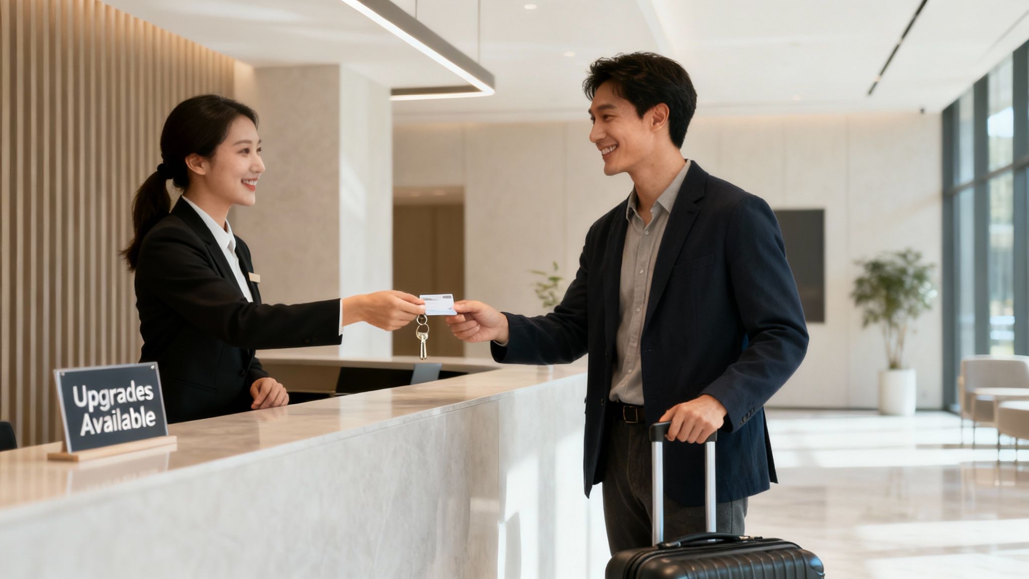 A smiling hotel receptionist hands a key card and keys to a happy male guest at the check-in desk.