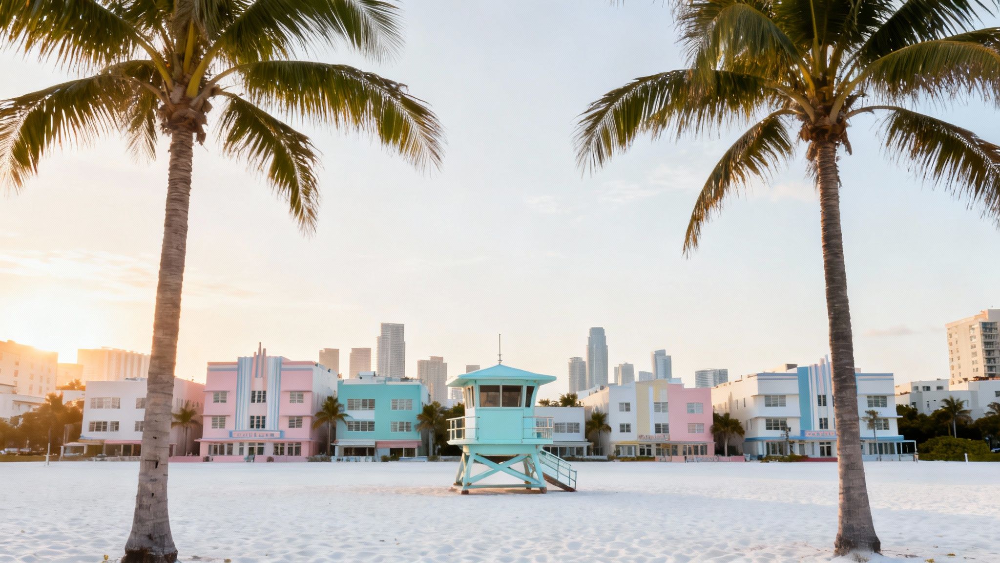 The Top 10 Best Spring Break Destinations for College Students in 2026 Miami Beach scene with a turquoise lifeguard tower, colorful Art Deco buildings, and palm trees.