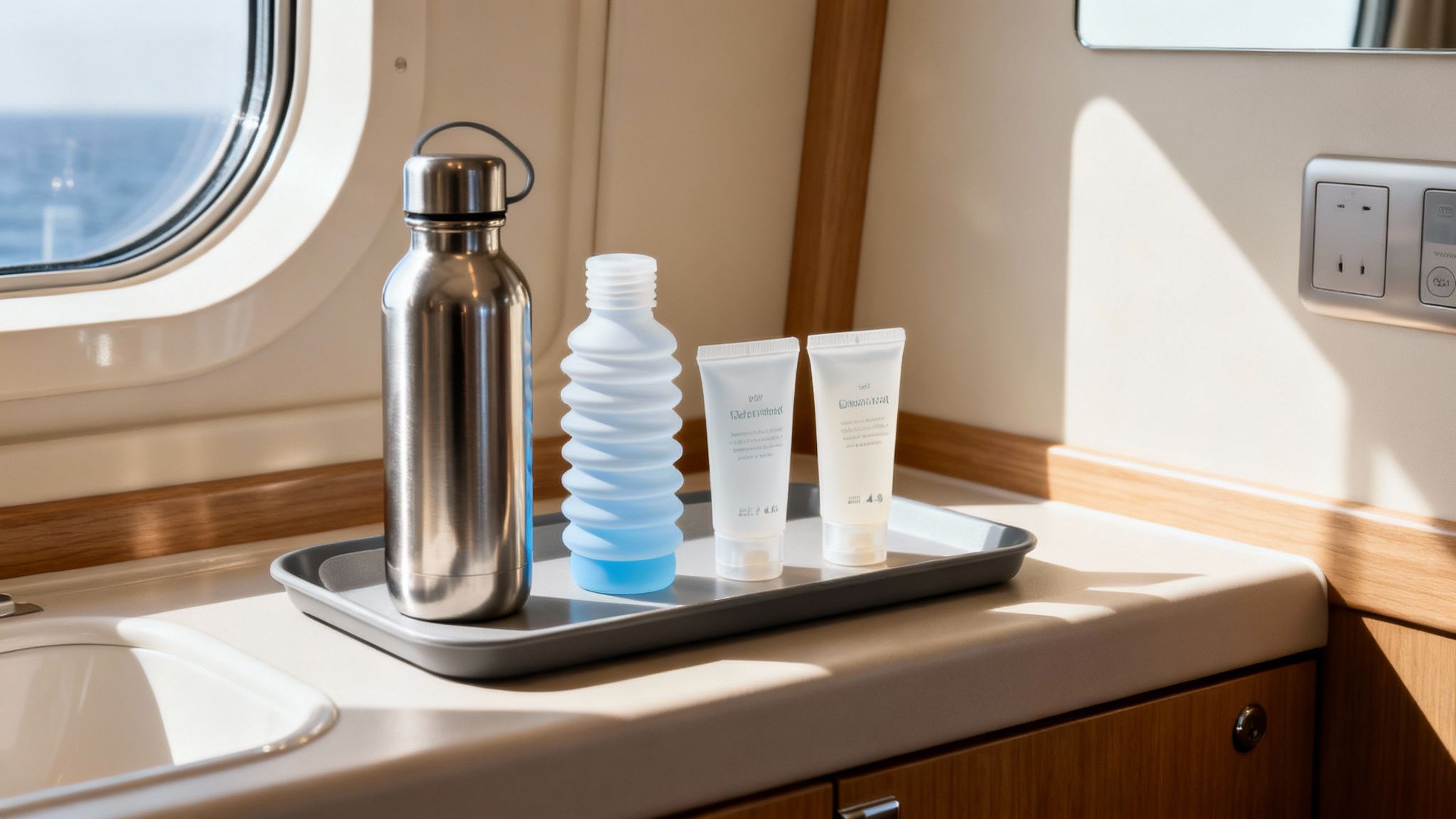 8 Magical Packing Tips for Your 2026 Cruise Adventure Reusable water bottles and travel-sized toiletries neatly arranged on a tray in a cruise cabin.