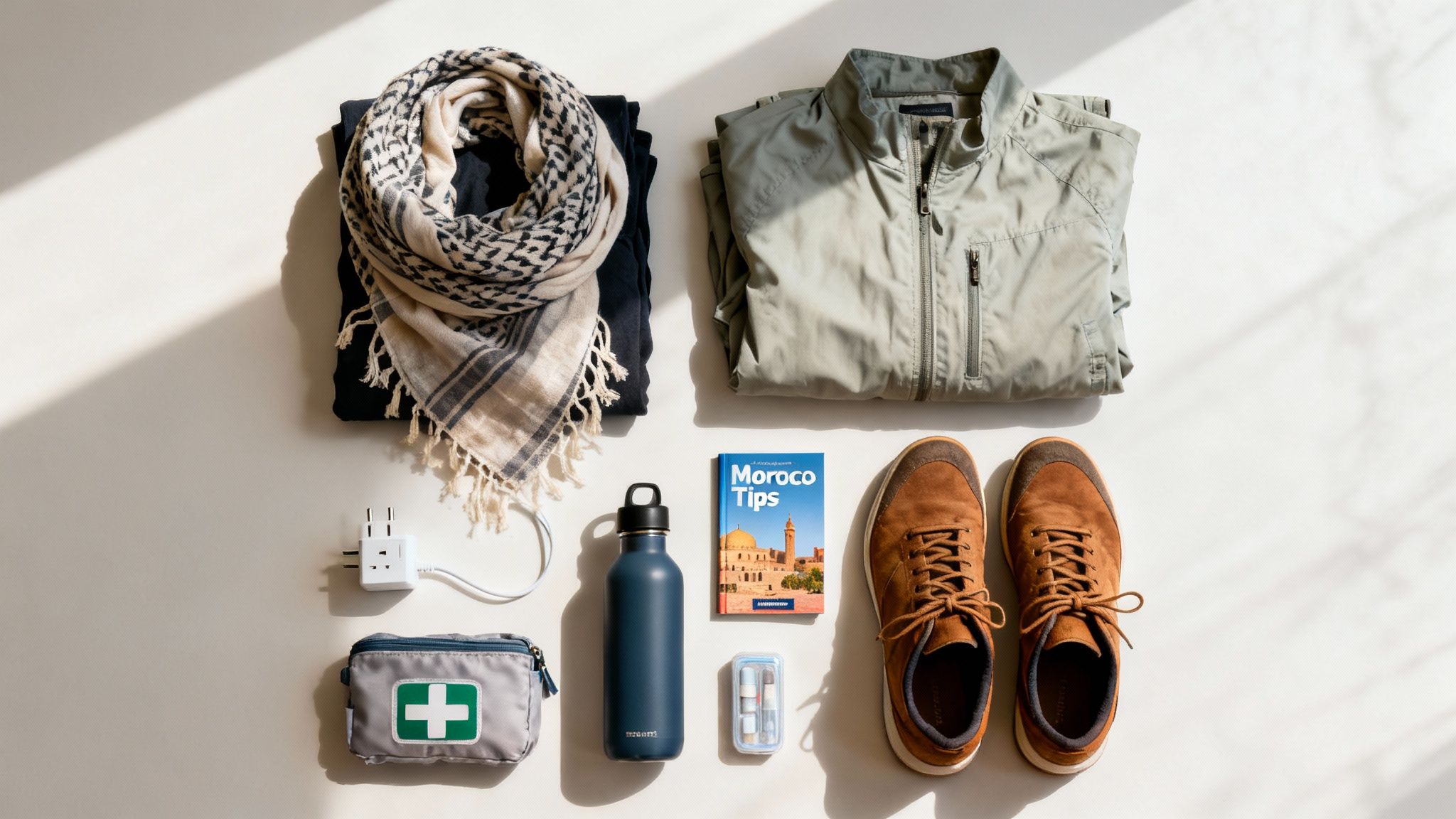 A flat lay of travel essentials including a scarf, jacket, shoes, water bottle, and 