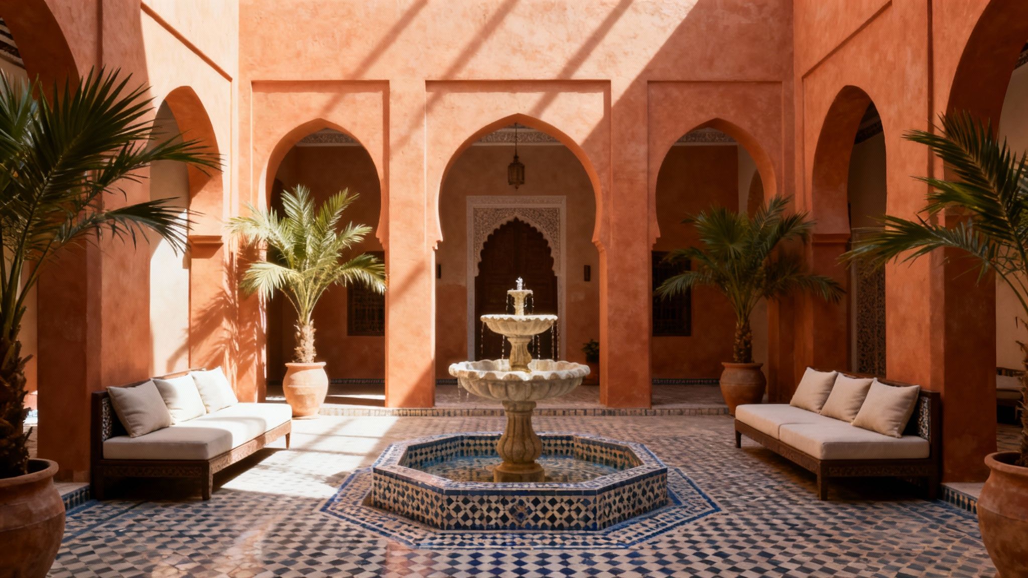 A beautiful Moroccan riad courtyard with a central fountain, terracotta walls, arched entrances, palm trees, and seating areas.