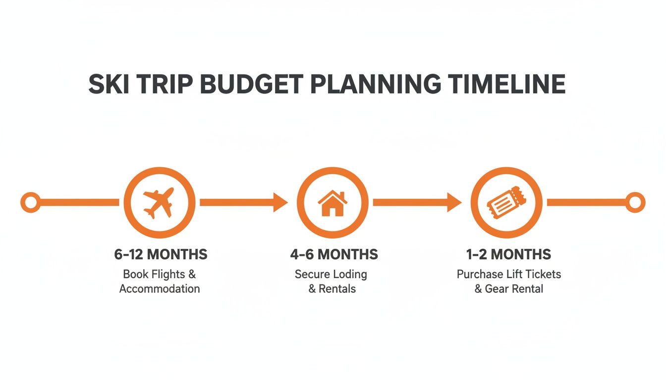 How to Plan a Ski Trip That's All Thrills and No Chills A ski trip budget planning timeline with steps including booking flights, securing lodging, and purchasing lift tickets.