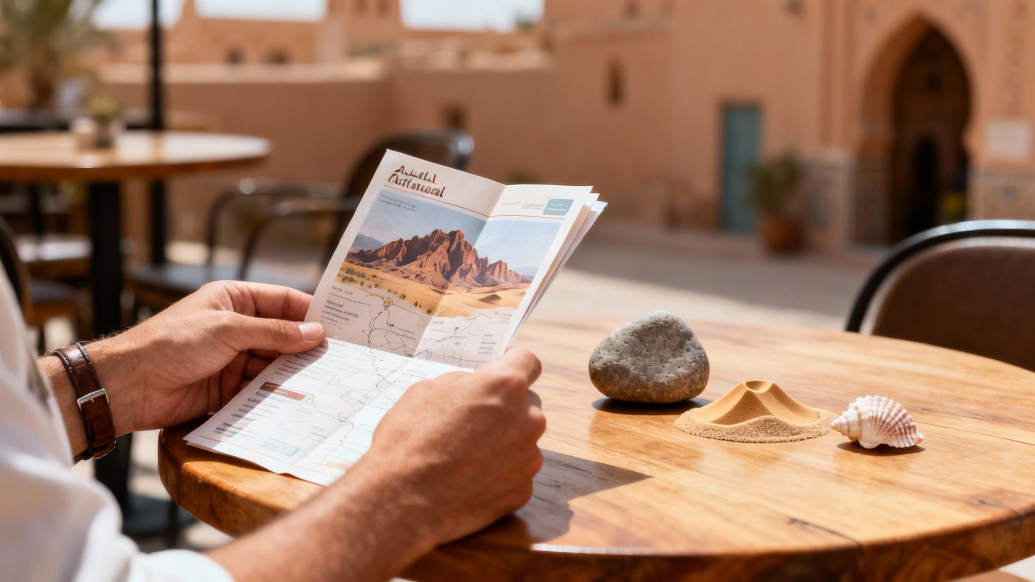 Hands holding a travel brochure showing desert mountains, with a stone, sand, and seashell on a wooden table.