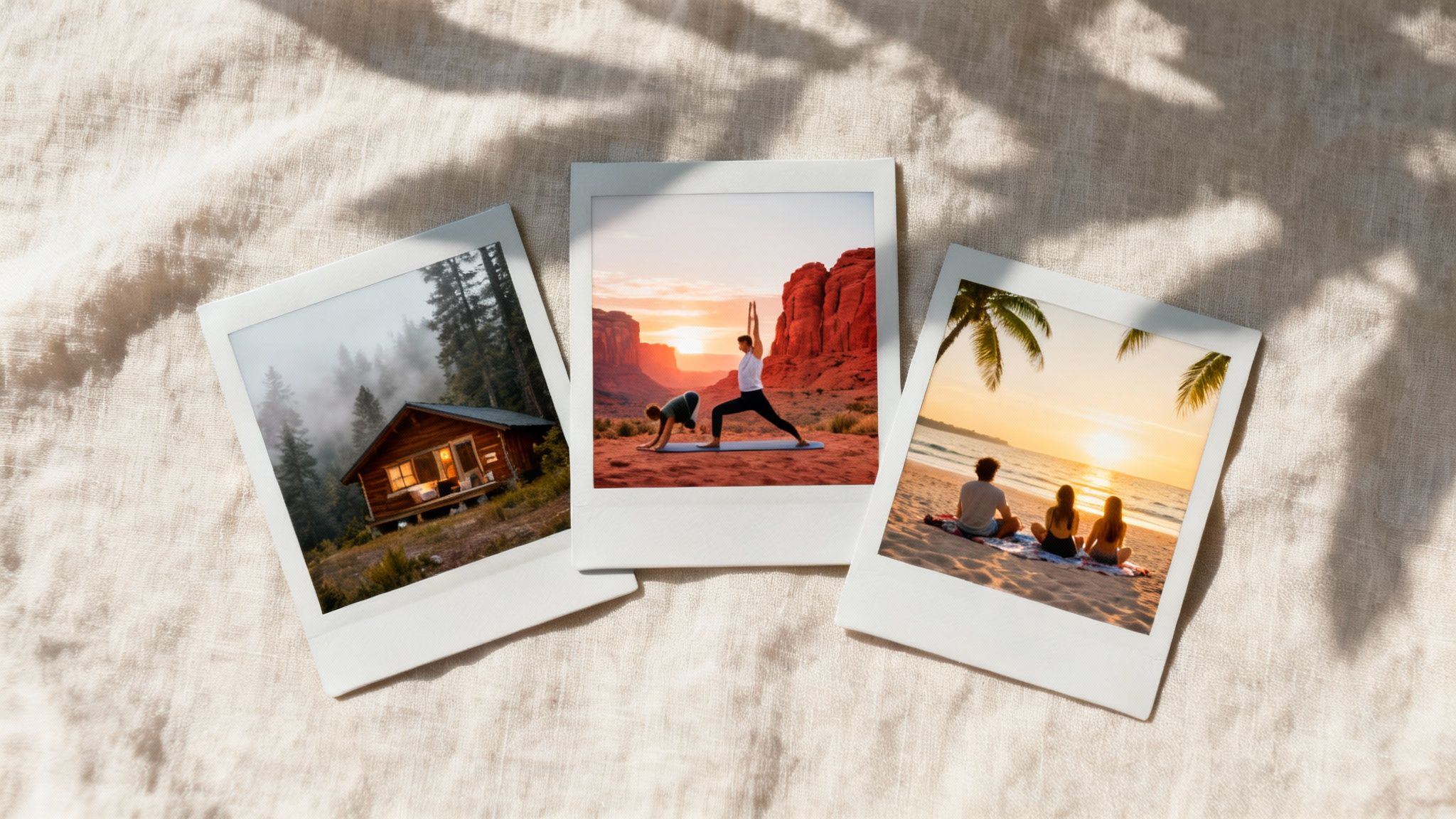 Wellness Travel_ Your Meditative Guide to Restorative Journeys Three instant photos arranged on a light fabric, showcasing diverse travel experiences and destinations.