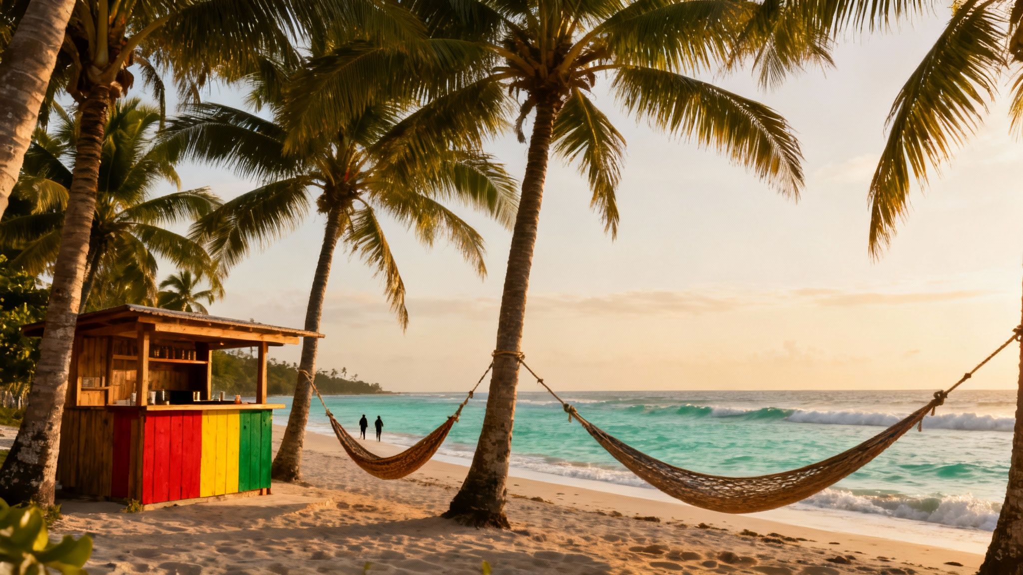 The Top 10 Best Spring Break Destinations for College Students in 2026 Tropical beach with a reggae-colored bar, hammocks, palm trees, and turquoise ocean at sunset.