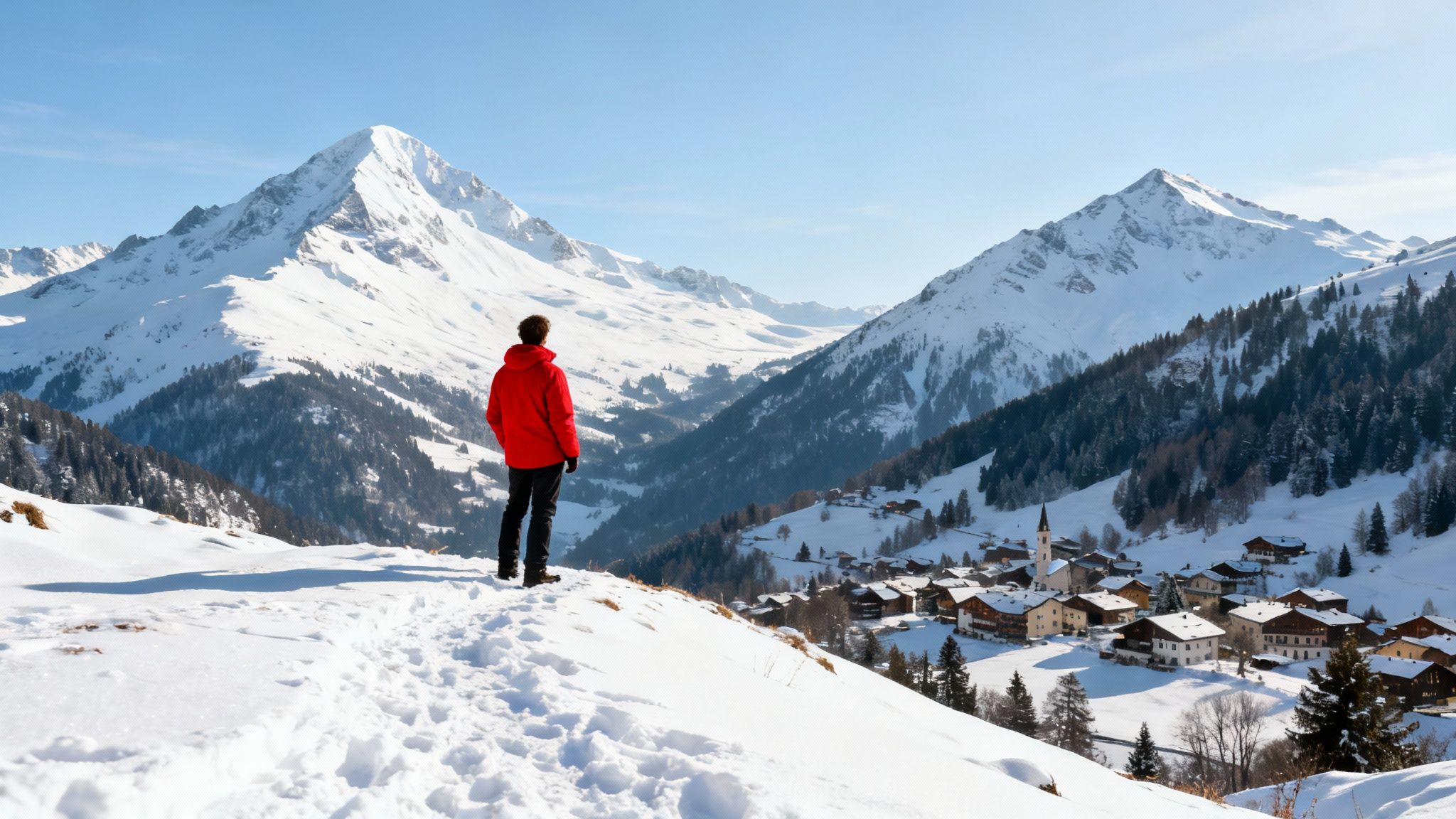 How to Plan a Ski Trip That's All Thrills and No Chills A person in a red jacket overlooks a serene snowy mountain village and valley under a clear blue sky.