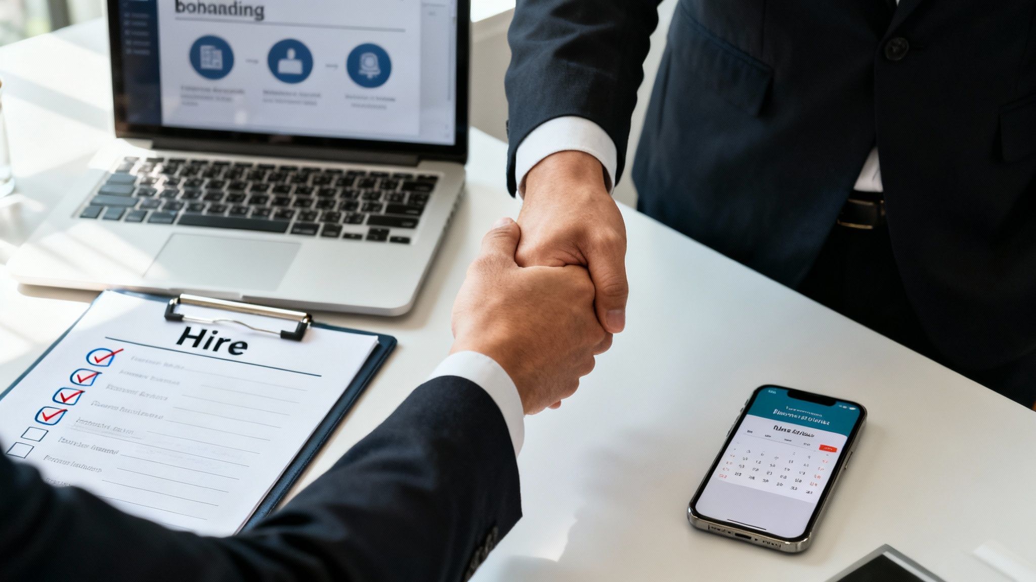 Your Guide to Hiring a Corporate Travel Advisor Two professionals shake hands across a white desk with a laptop and a