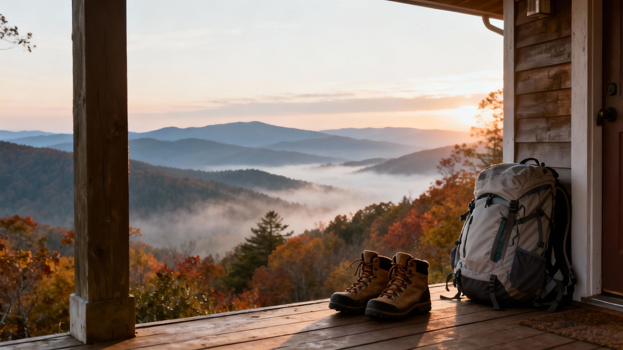 Gather the Clan: 12 Best Family Reunion Destinations for an Epic 2025 Getaway Hiking boots and a backpack on a porch overlooking foggy mountains at sunrise.