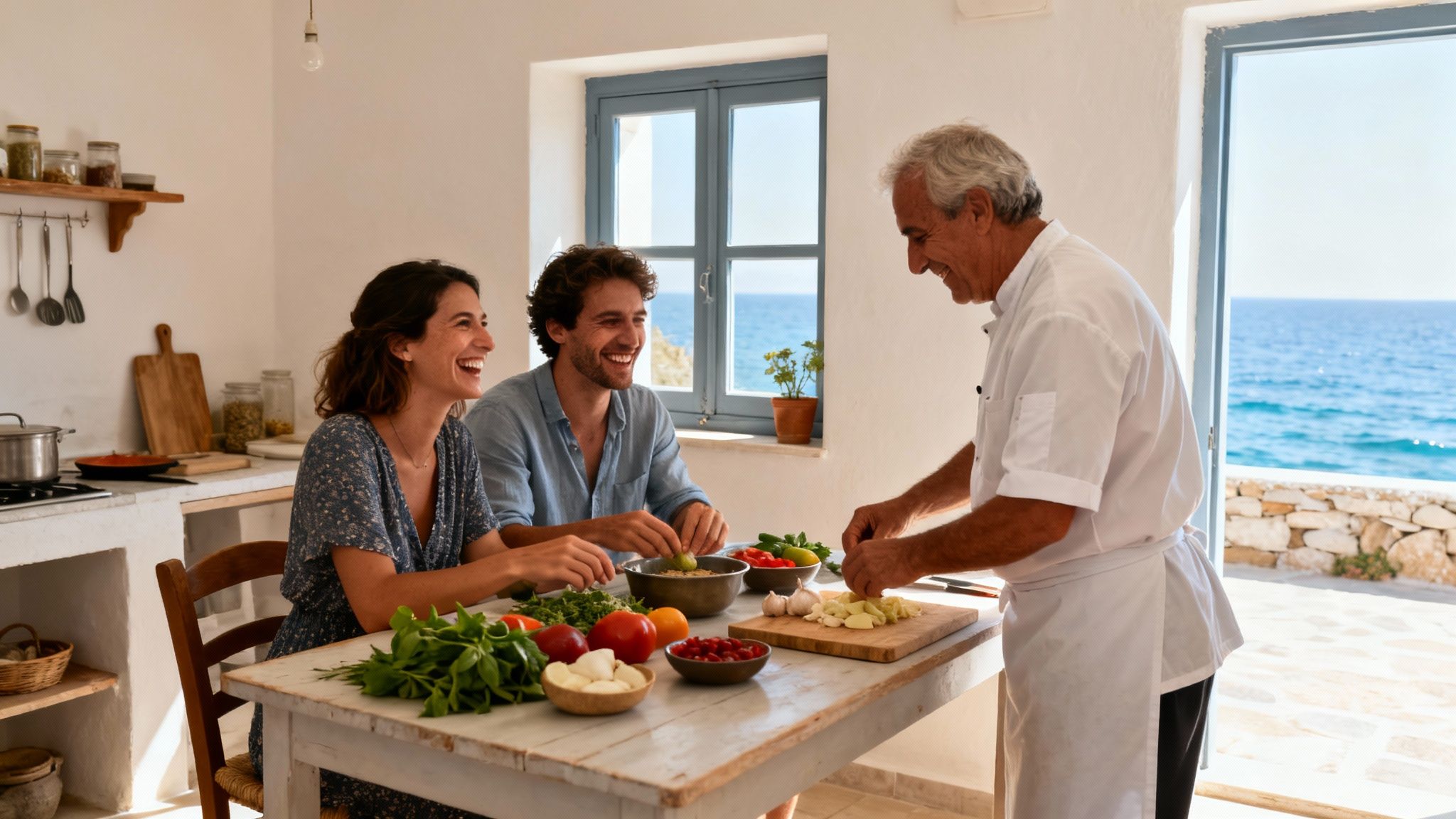 A chef teaches a smiling couple to cook fresh vegetables in a bright, scenic kitchen by the sea.