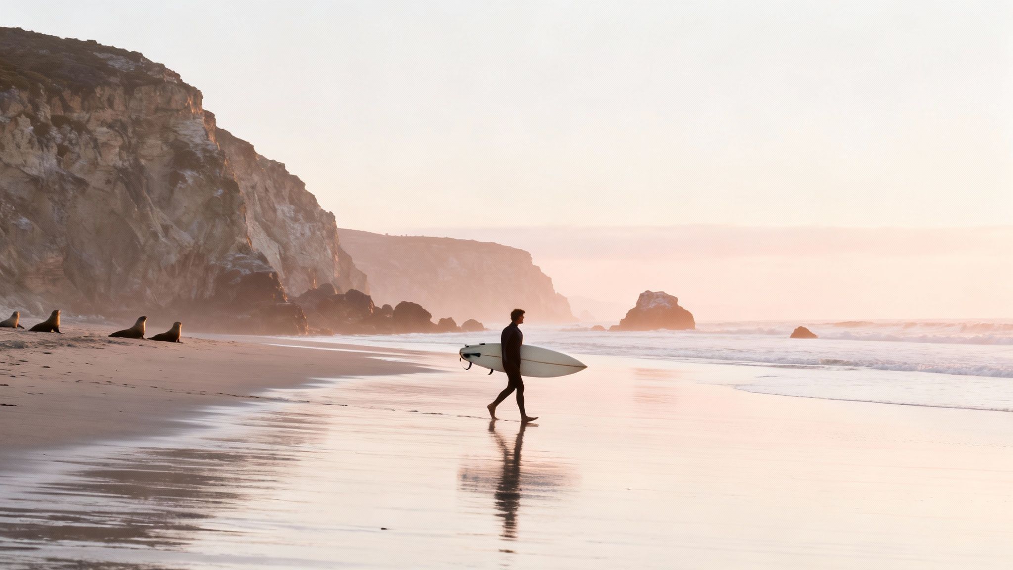 A surfer walks along a peaceful beach at sunset, with sea lions resting near cliffs.