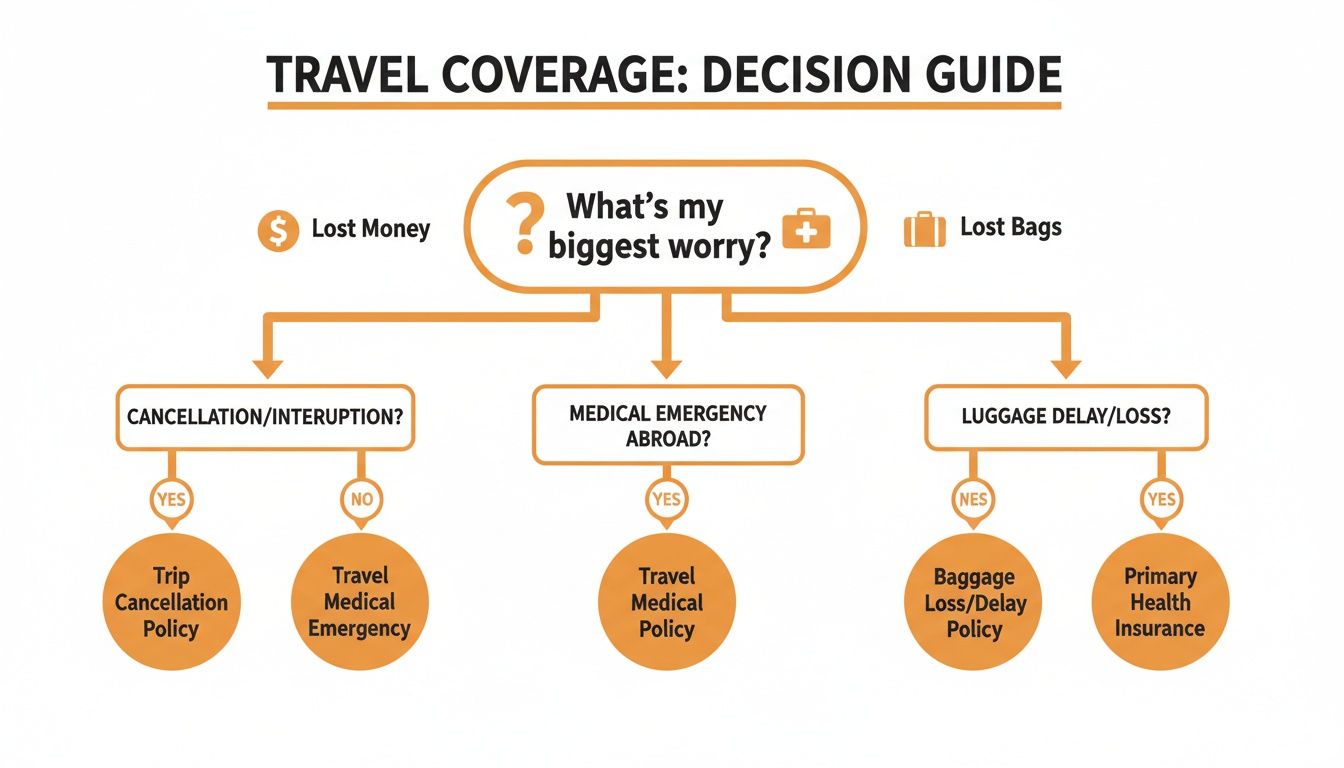 Travel coverage decision guide flowchart helping choose policies for trip cancellation, medical, or luggage concerns.
