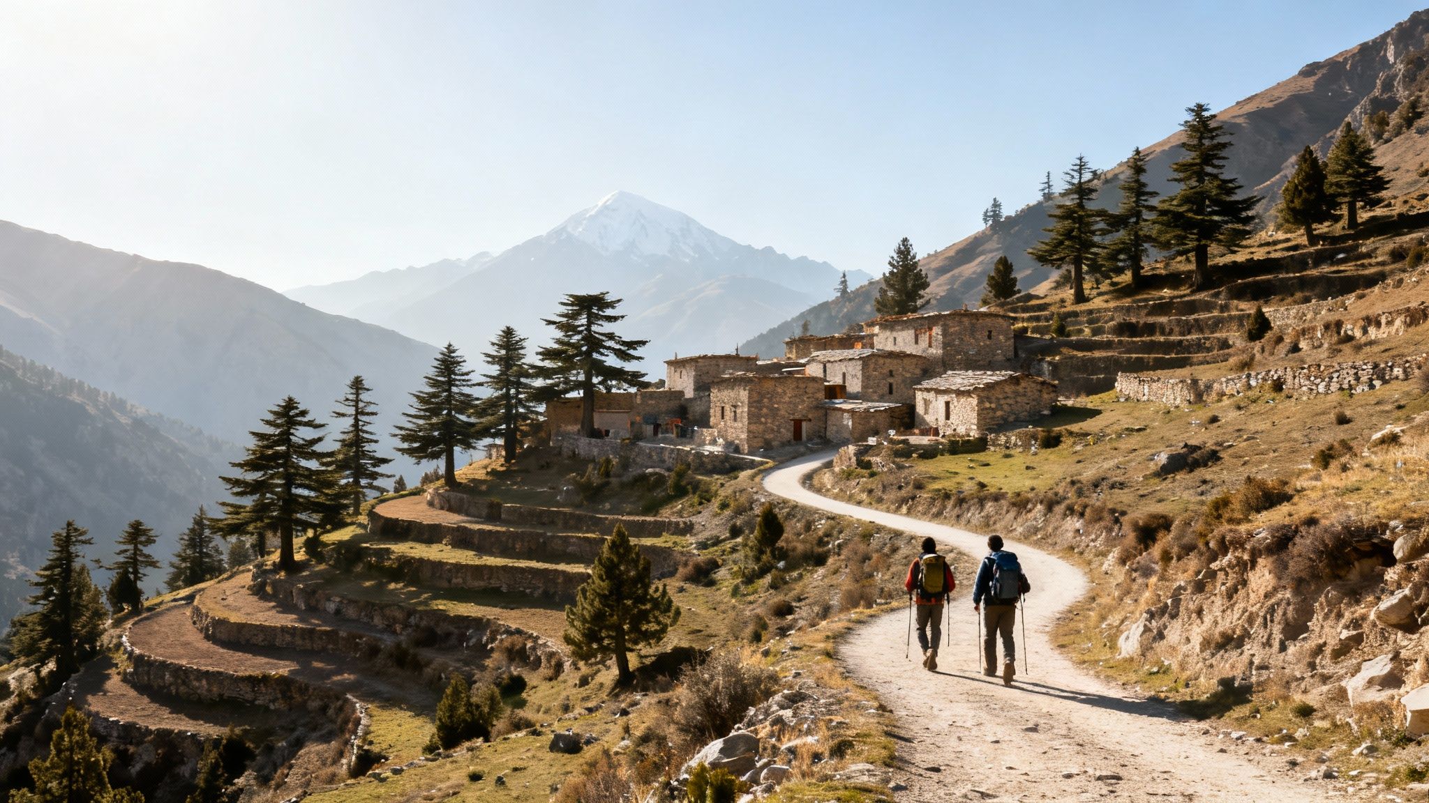 Two hikers on a winding dirt path towards a remote mountain village with stone houses and pine trees.