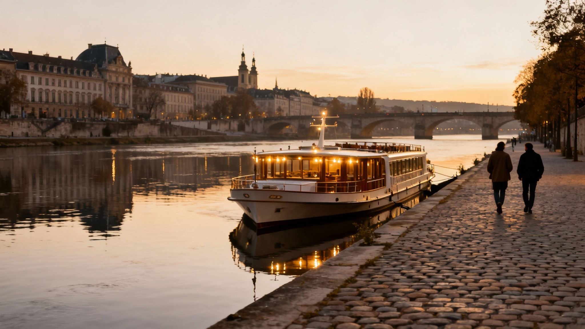 A picturesque dusk scene along a river with an illuminated boat, historic buildings, and two people walking.