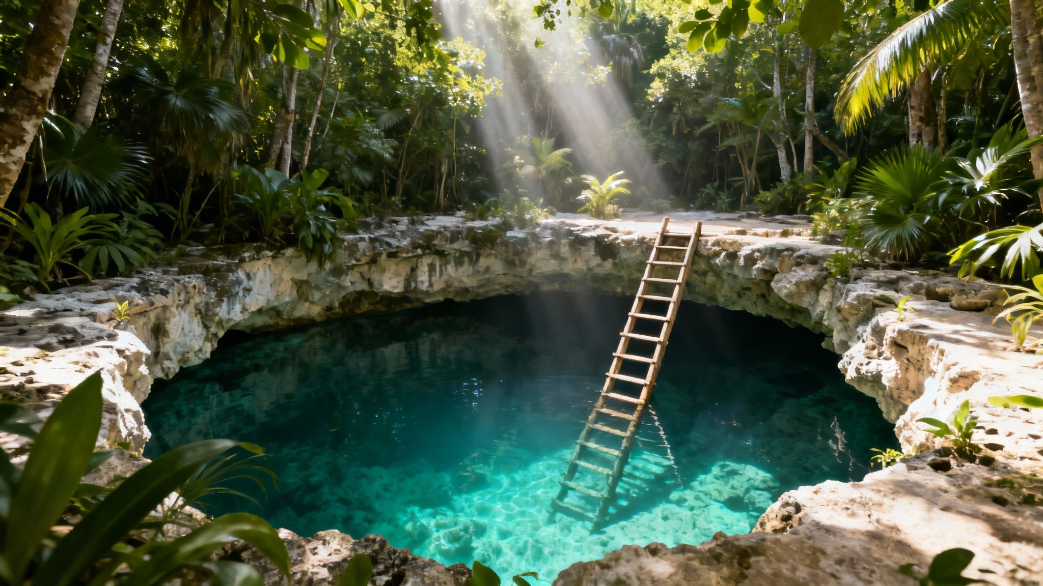 The Top 10 Best Spring Break Destinations for College Students in 2026 A beautiful natural cenote with clear turquoise water, a wooden ladder, and sunbeams in a lush jungle.