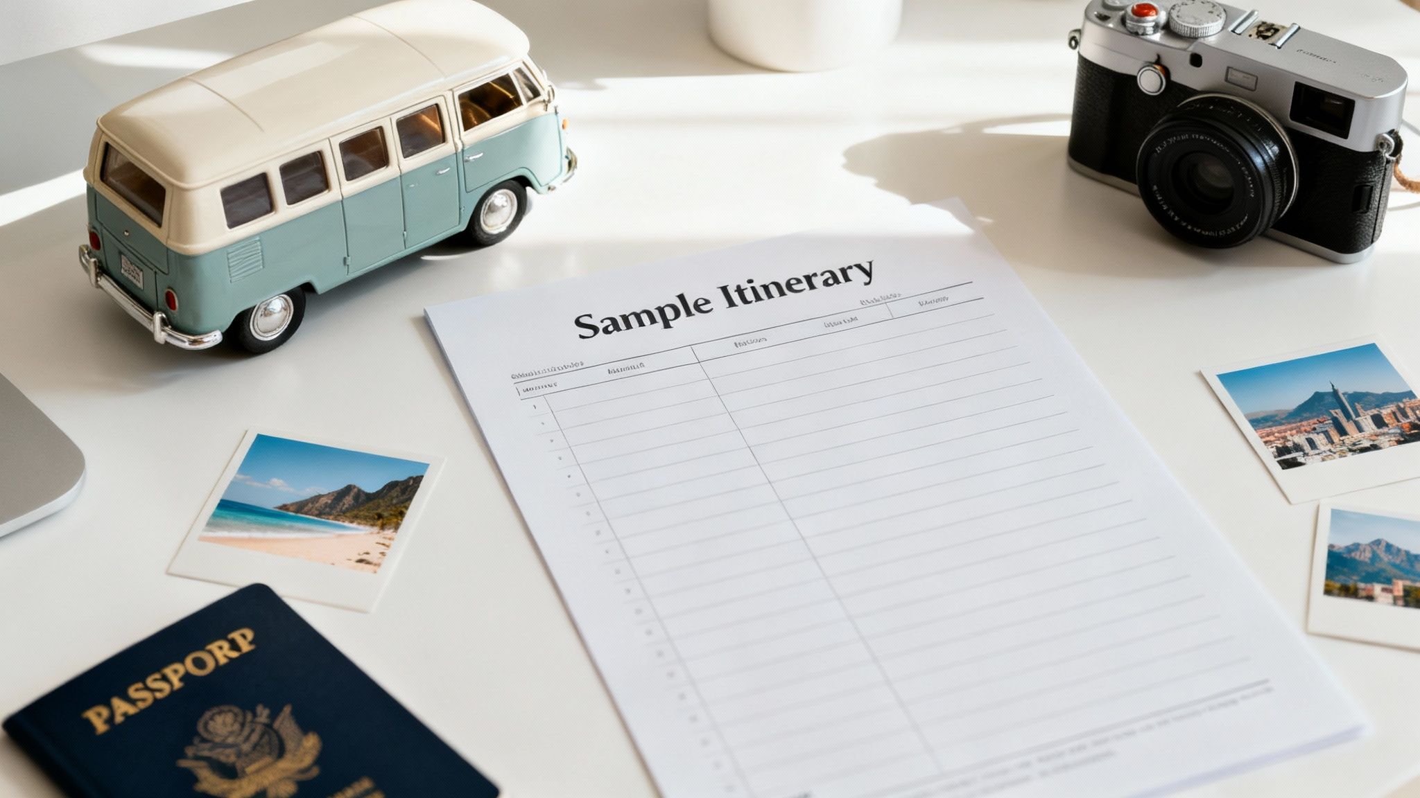 A desk with a travel itinerary, passport, camera, toy van, and vacation photos.