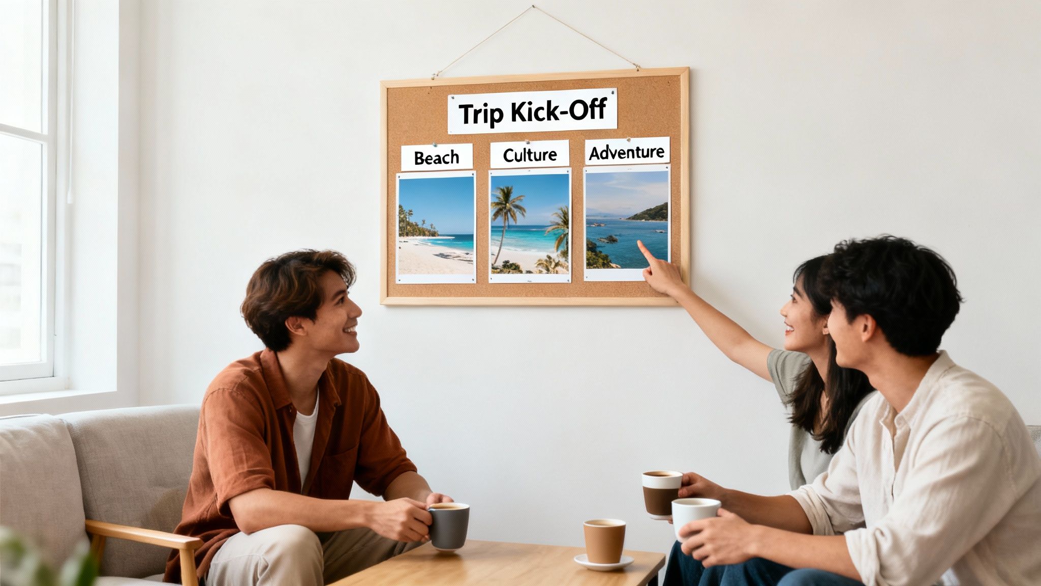 Three friends planning a group trip, looking at a cork board with travel destination ideas.