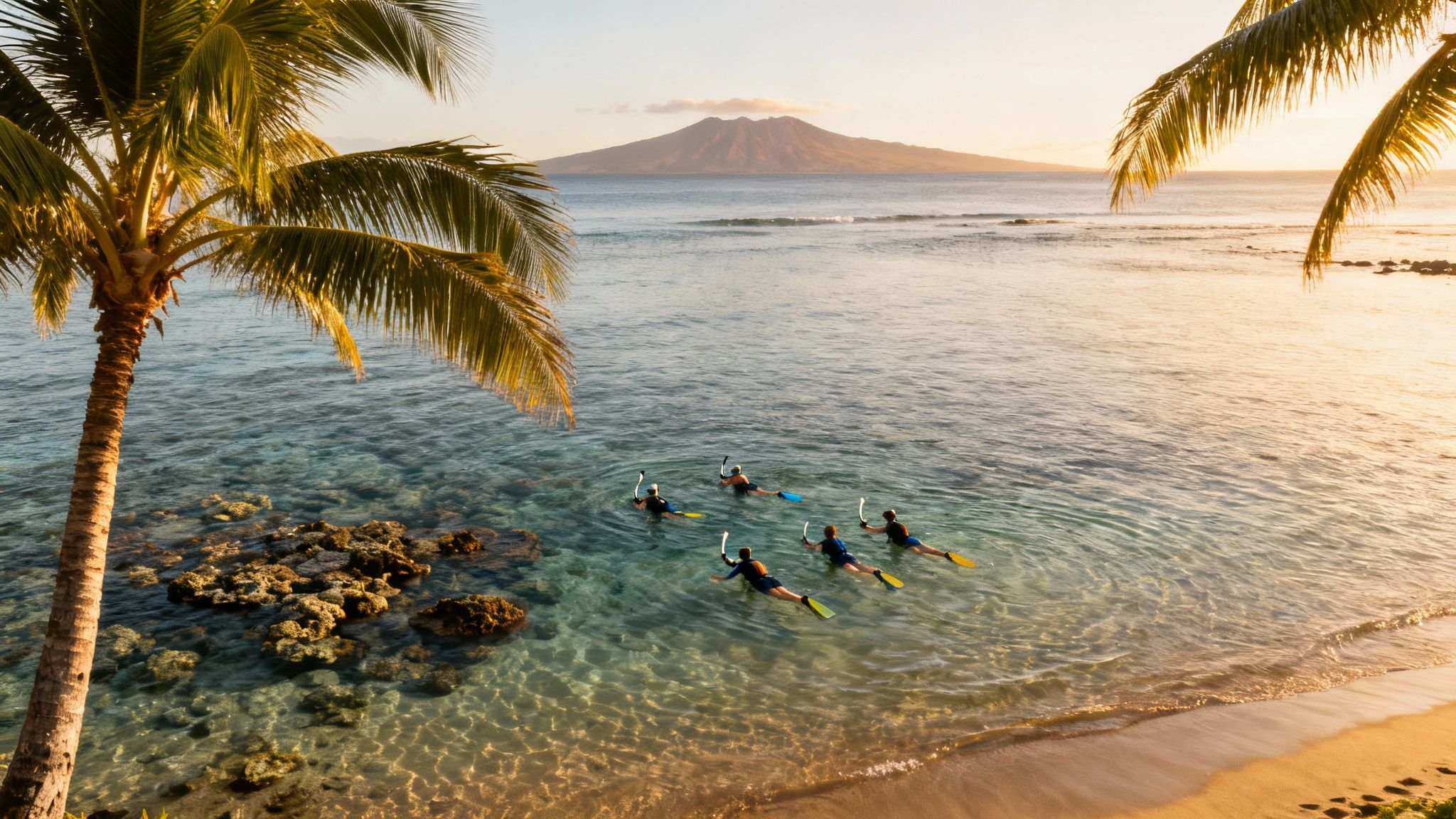 Gather the Clan: 12 Best Family Reunion Destinations for an Epic 2025 Getaway Snorkelers explore clear tropical waters near a sandy beach and lush palm trees at sunset.