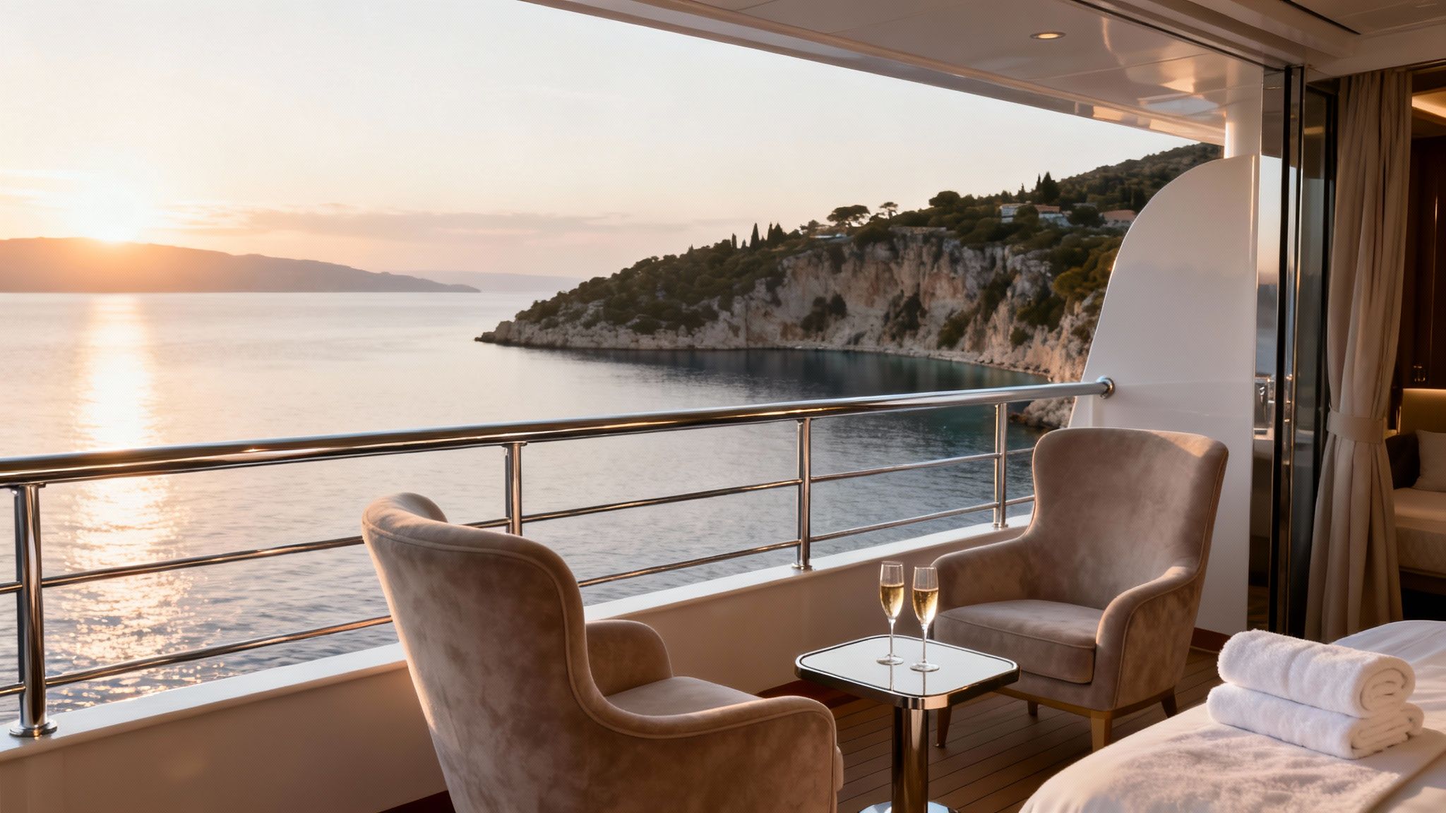 Stunning sunset over the sea from a luxury yacht balcony with seating and champagne.