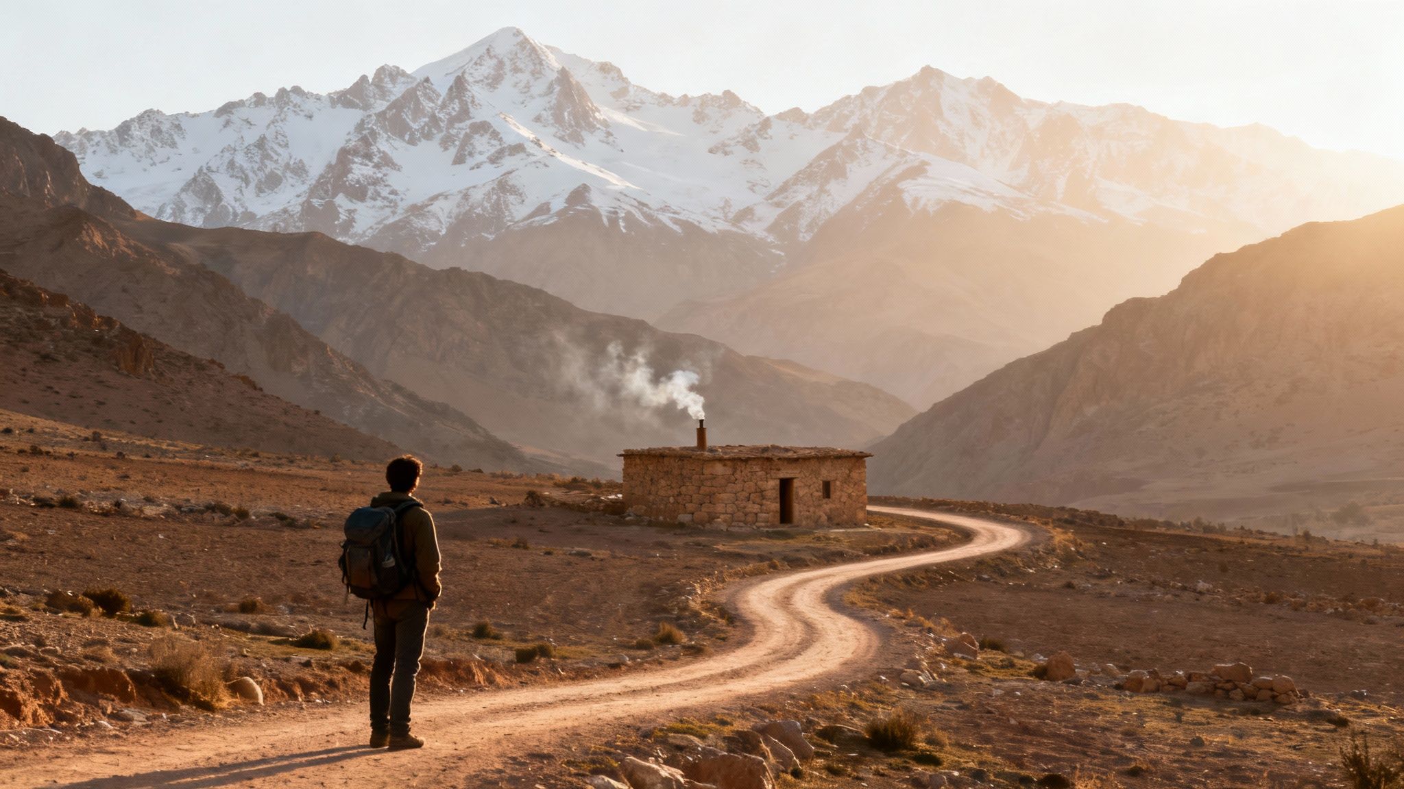 Hiker on a dirt road towards a stone house with smoking chimney, surrounded by snow-capped mountains at sunset.