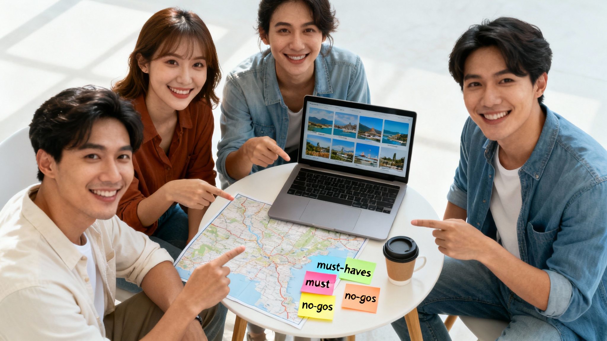 Four smiling young Asian friends planning a group trip with a map, laptop, and sticky notes.