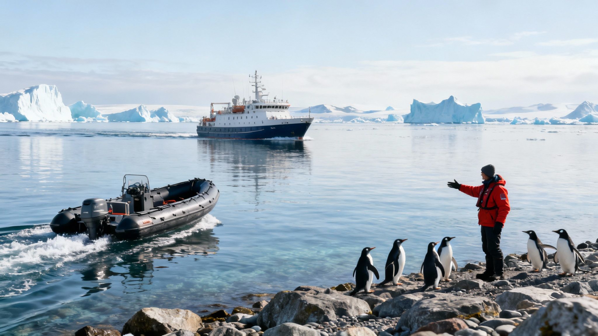 Expedition guest watches penguins on an Antarctic shore with boats and icebergs in the background.