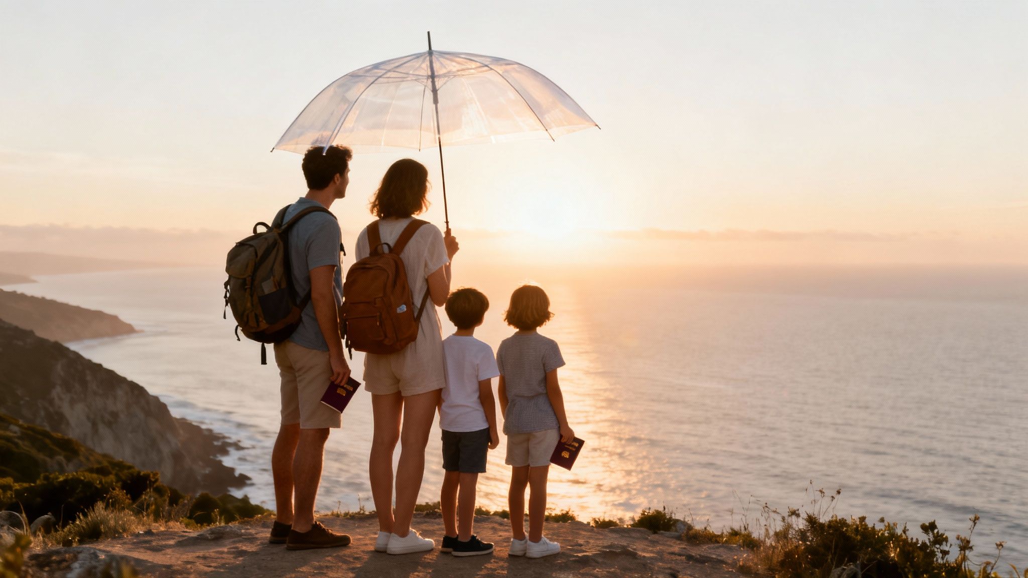 Best travel insurance for families A family with two children stands on a cliff, admiring the sunset over the ocean, holding passports and an umbrella.