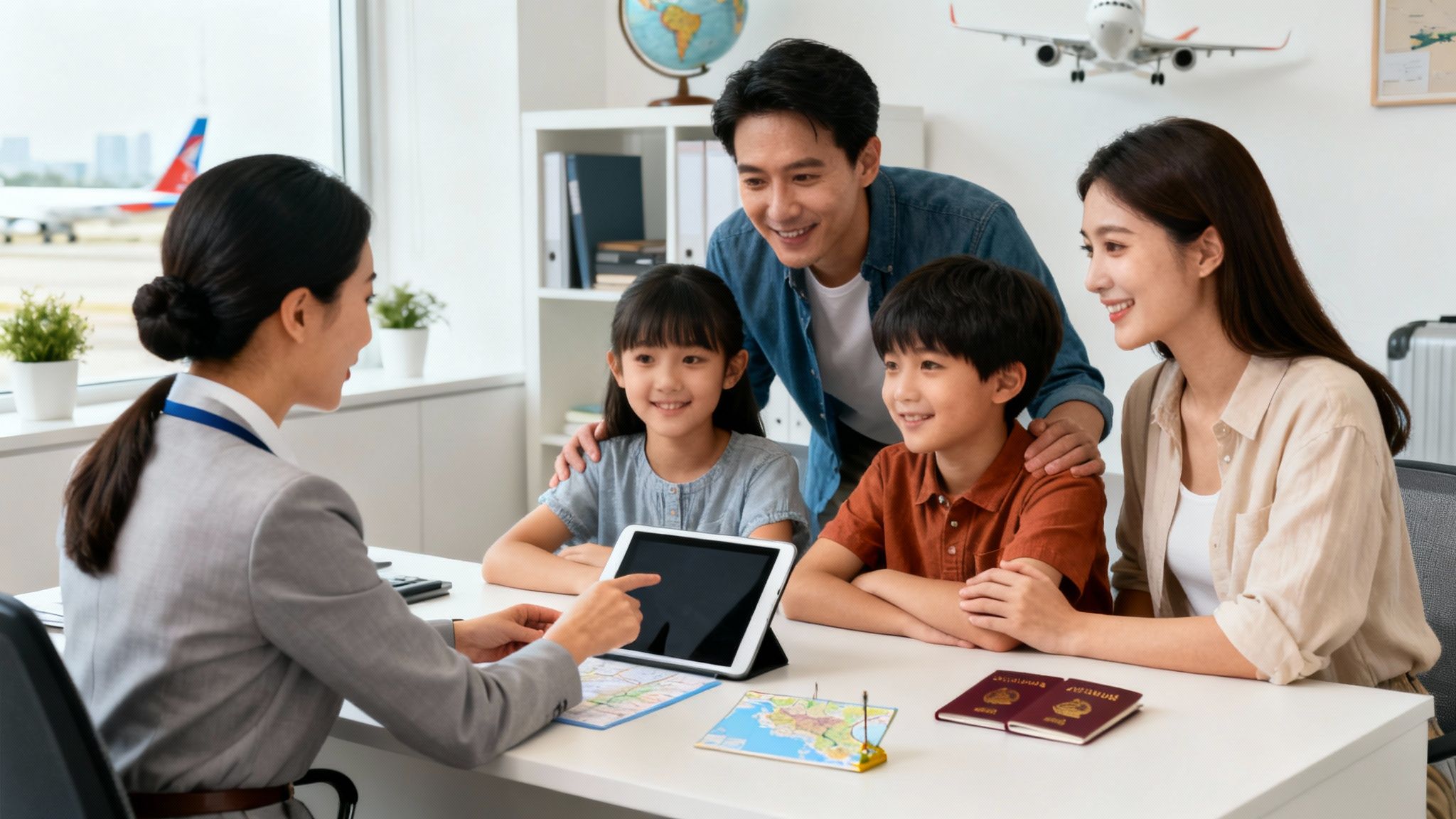 An Asian family consults a travel agent, discussing trip details while looking at a tablet.