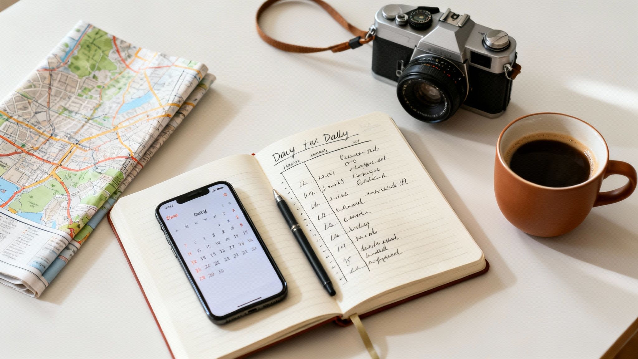 Flat lay of travel essentials: map, smartphone calendar, notebook, vintage camera, and coffee.