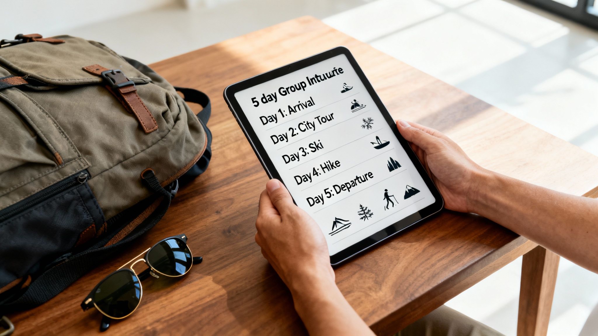 Person holding a tablet showing a 5-day group travel itinerary, next to a backpack and sunglasses.