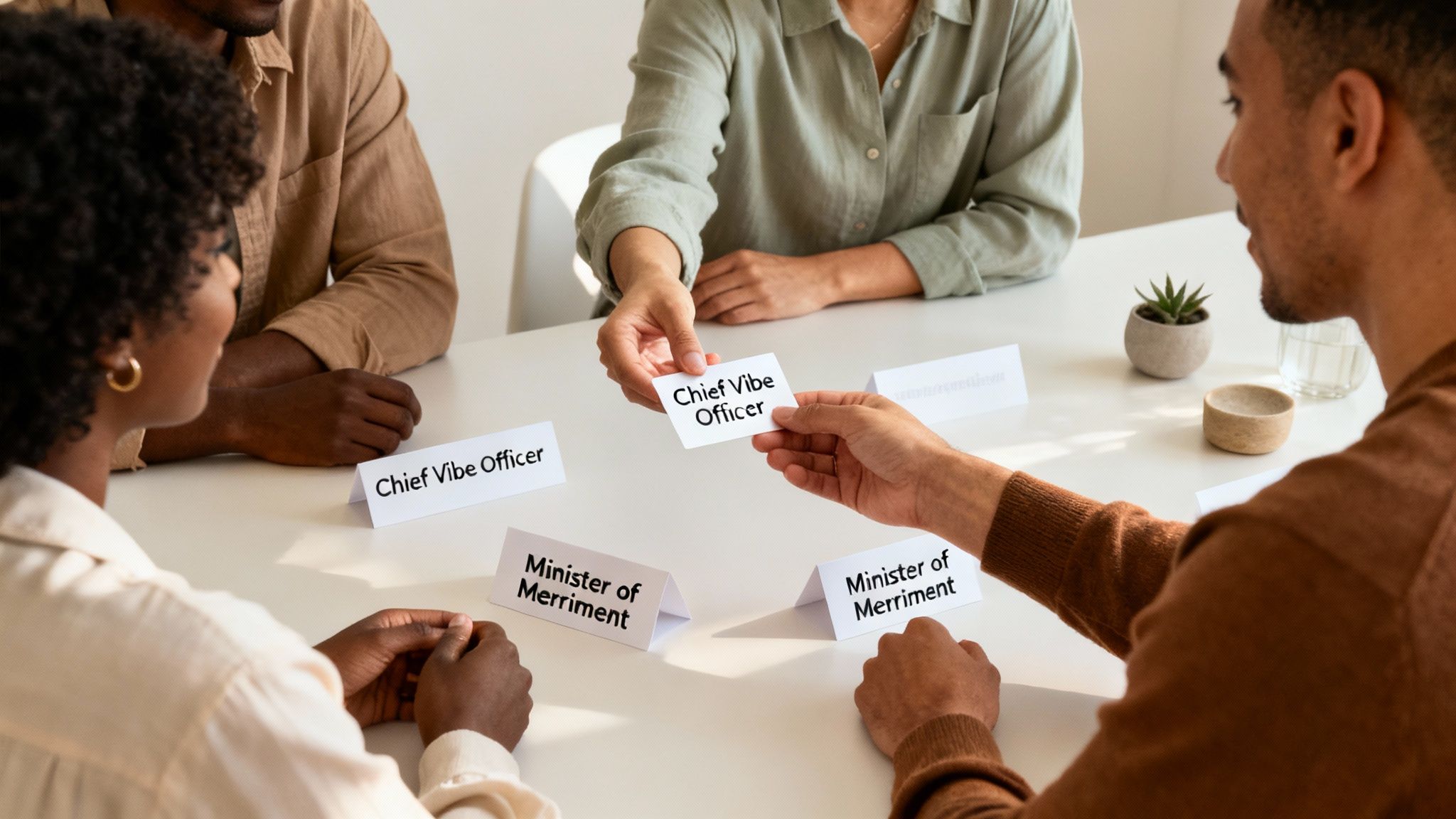 Four diverse colleagues engage in a playful team meeting, exchanging 