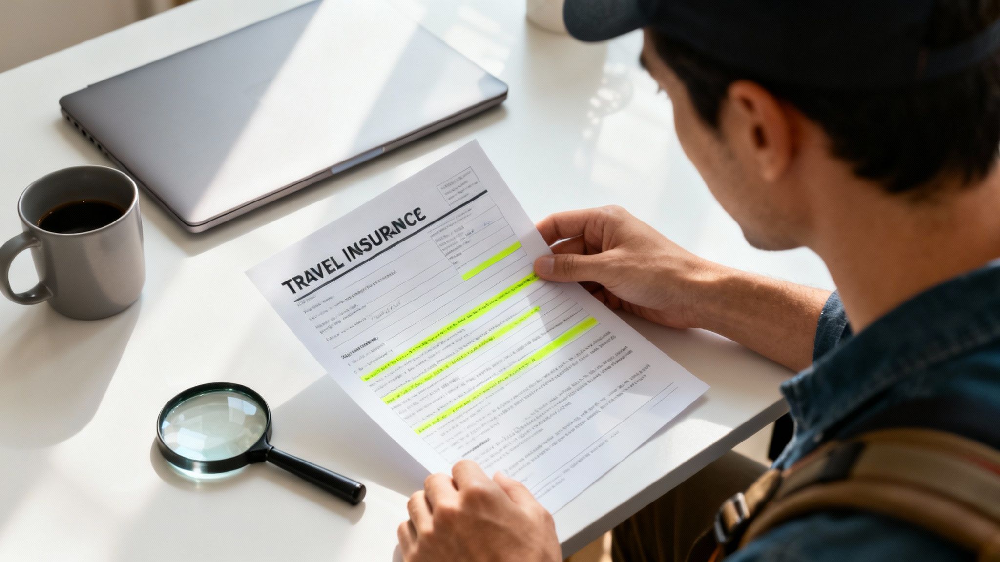 A man in a cap reviews a travel insurance form with highlighted sections on a white desk.