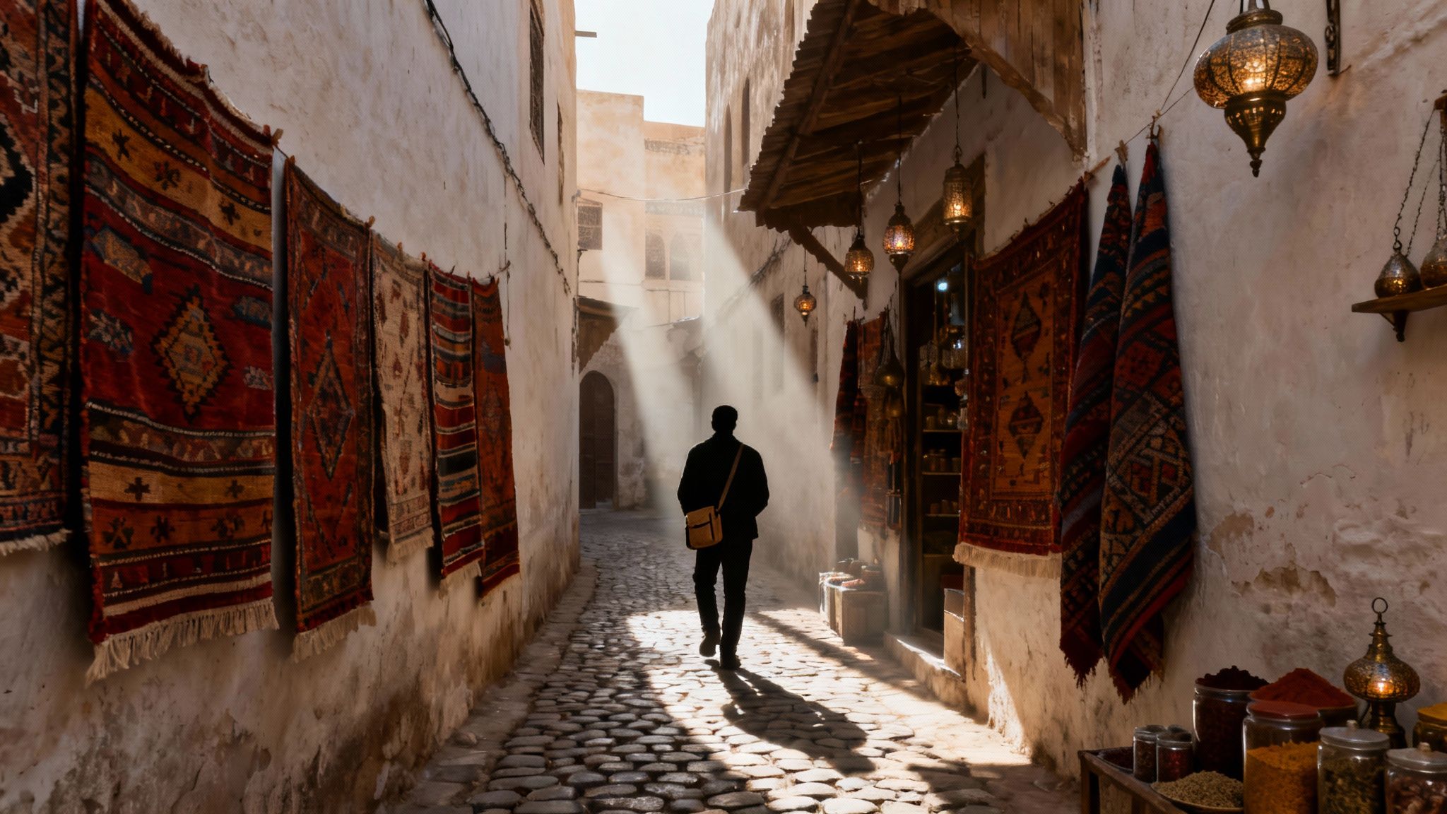 Sunlight illuminates a person walking on cobblestones in a narrow Moroccan alley with hanging carpets.