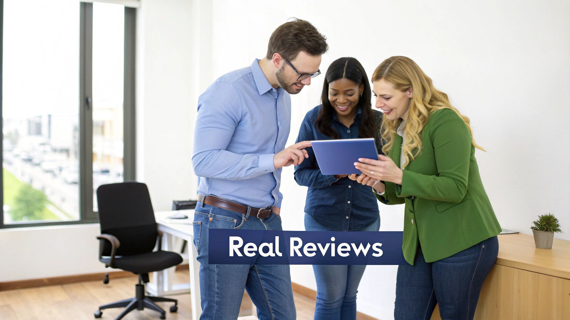 Three diverse professionals, two women and one man, collaborate happily in an office, viewing a tablet.