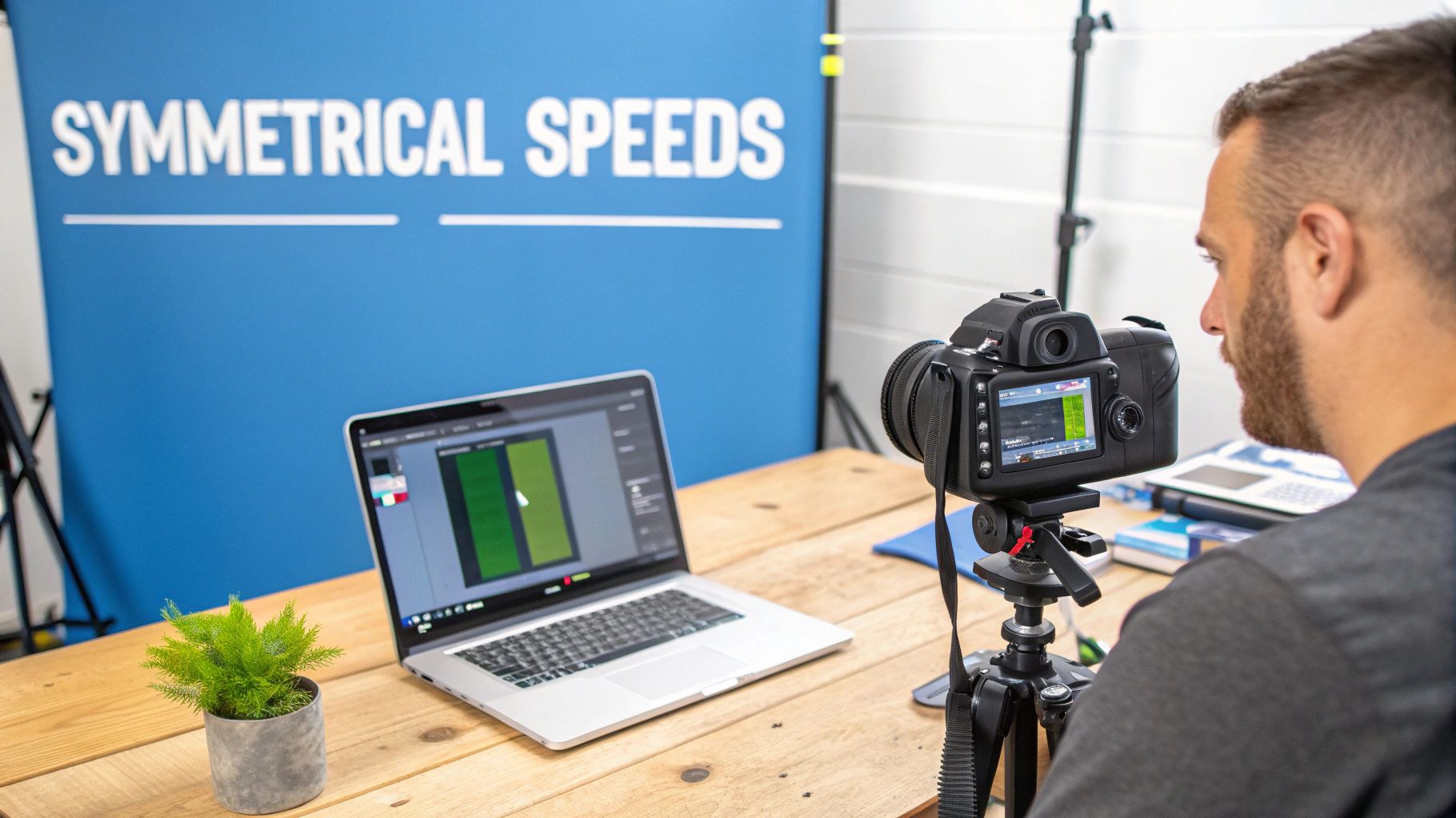 Professional videographer filming laptop screen displaying symmetrical speeds chart for fiber internet tutorial