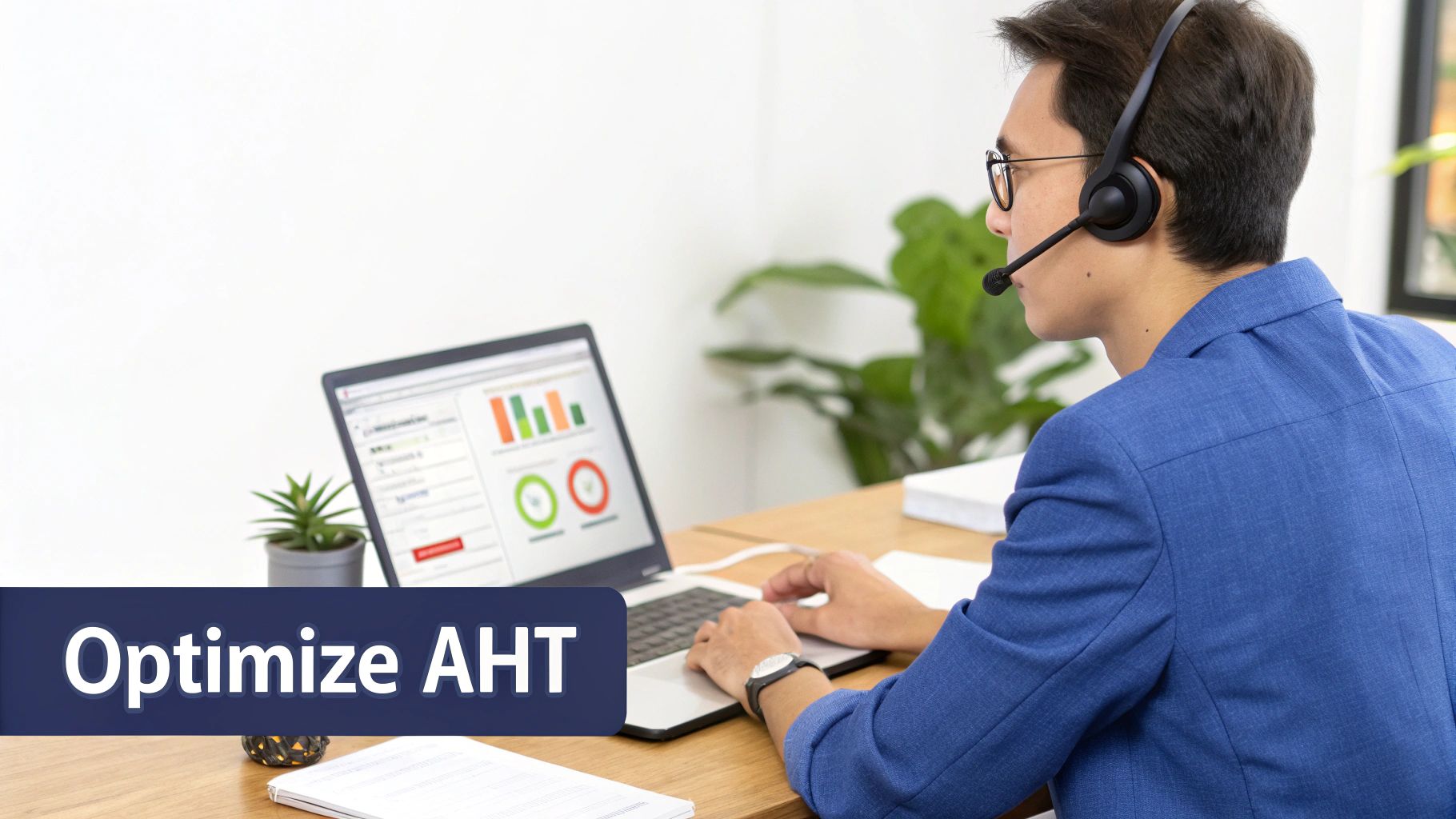 Young man in headset, wearing a blue blazer, analyzing data on a laptop to optimize AHT.