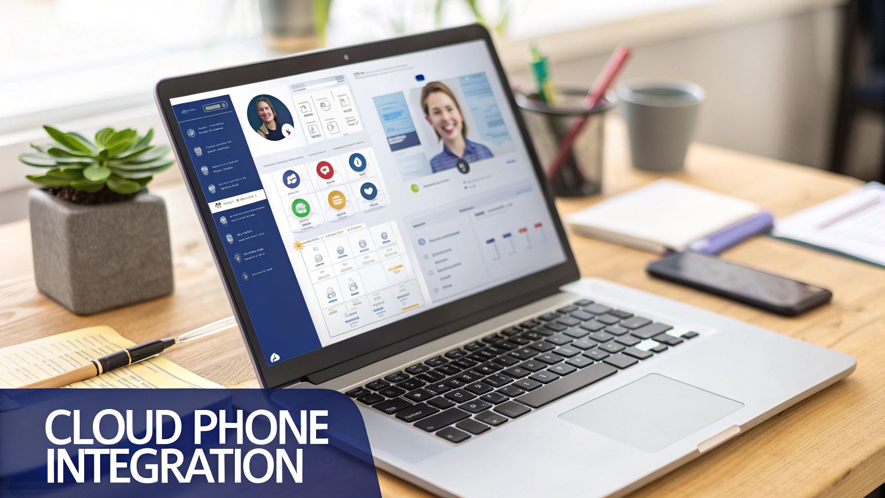 A laptop on a wooden desk displays a business dashboard with profiles and data, with text 'Cloud Phone Integration'.