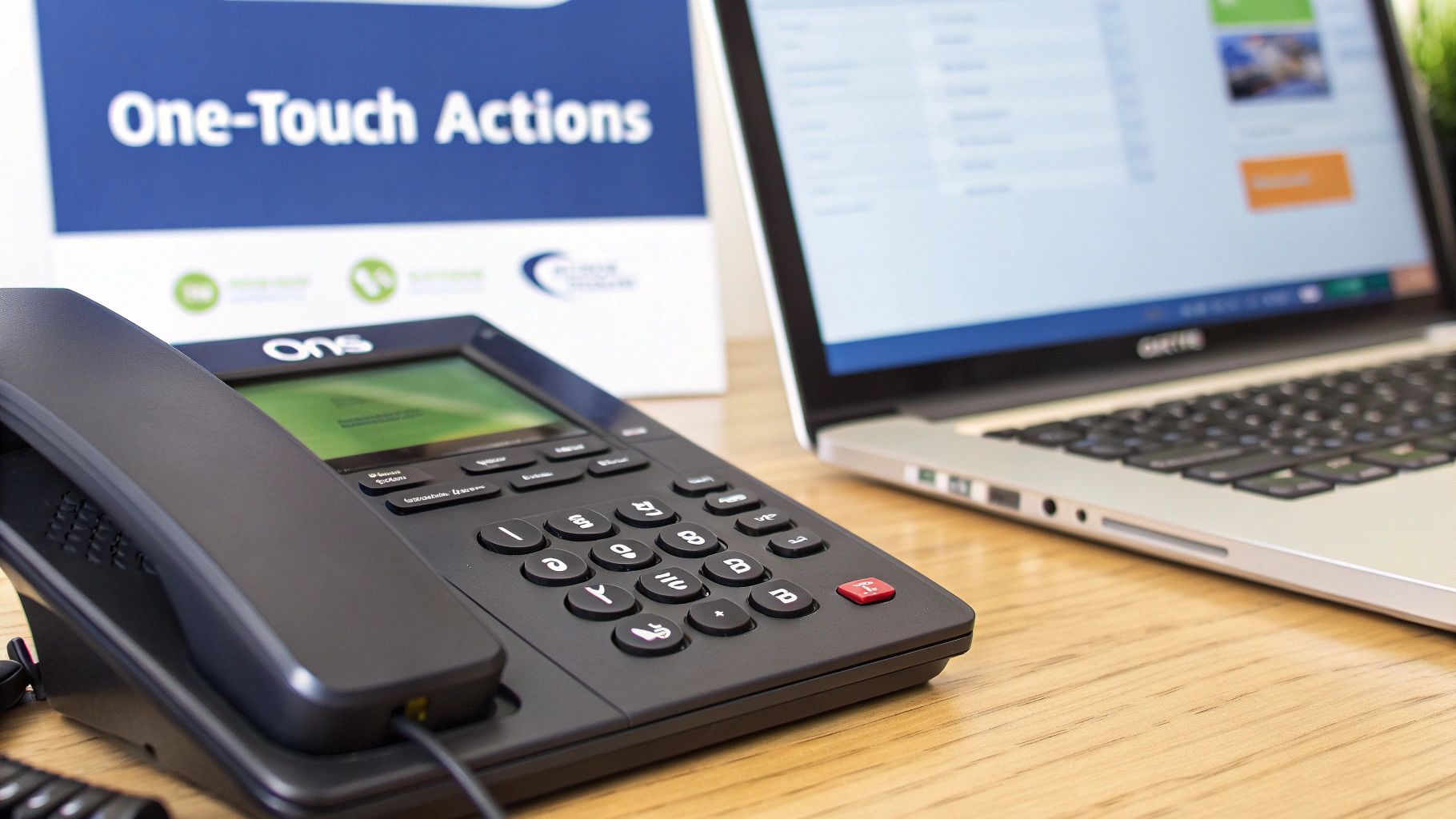 A modern black office phone and a laptop on a wooden desk, with a 'One-Touch Actions' sign.