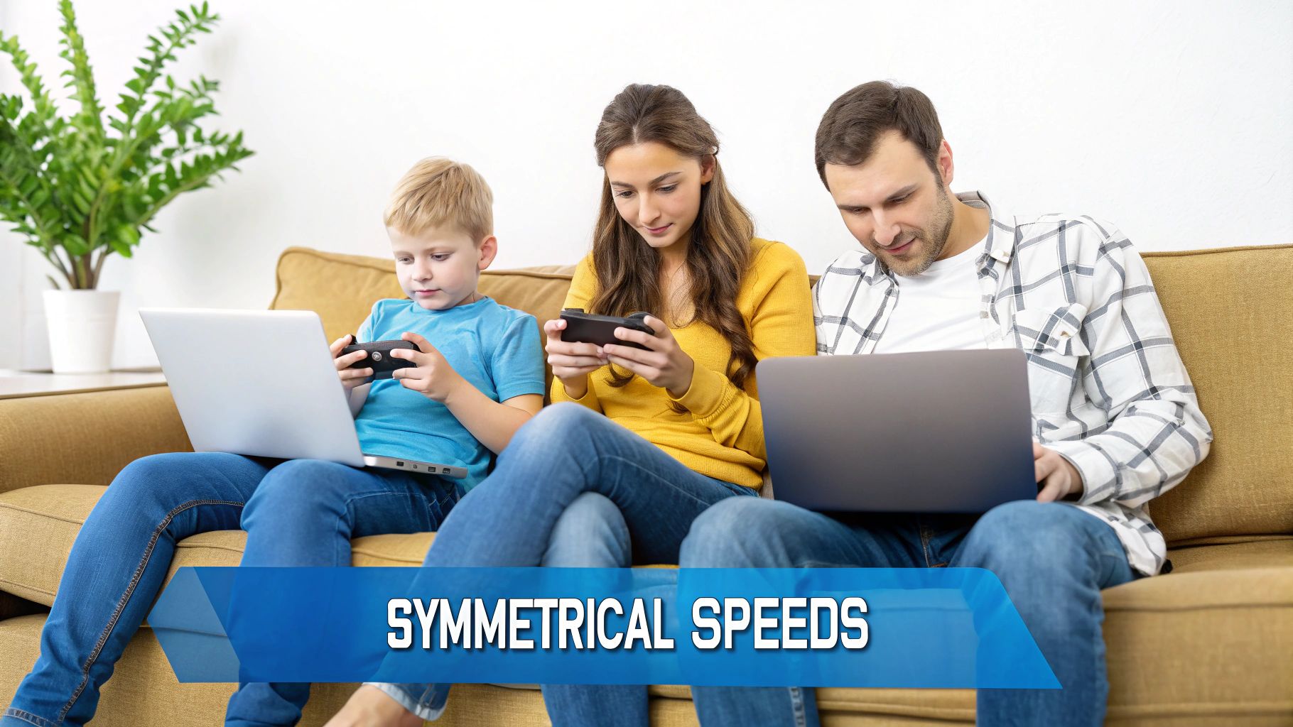 Family sitting on a couch, using laptops and smartphones, enjoying digital activities.