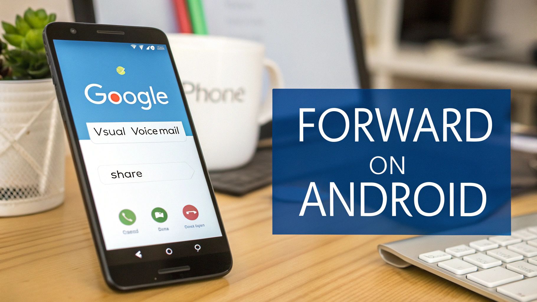 A smartphone displaying 'Google Visual Voicemail' on screen, with a blue overlay 'FORWARD ON ANDROID'.