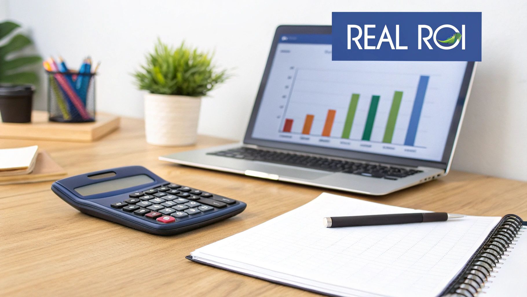 A desk with a laptop displaying a bar graph, calculator, notebook, and pen, for business analysis.