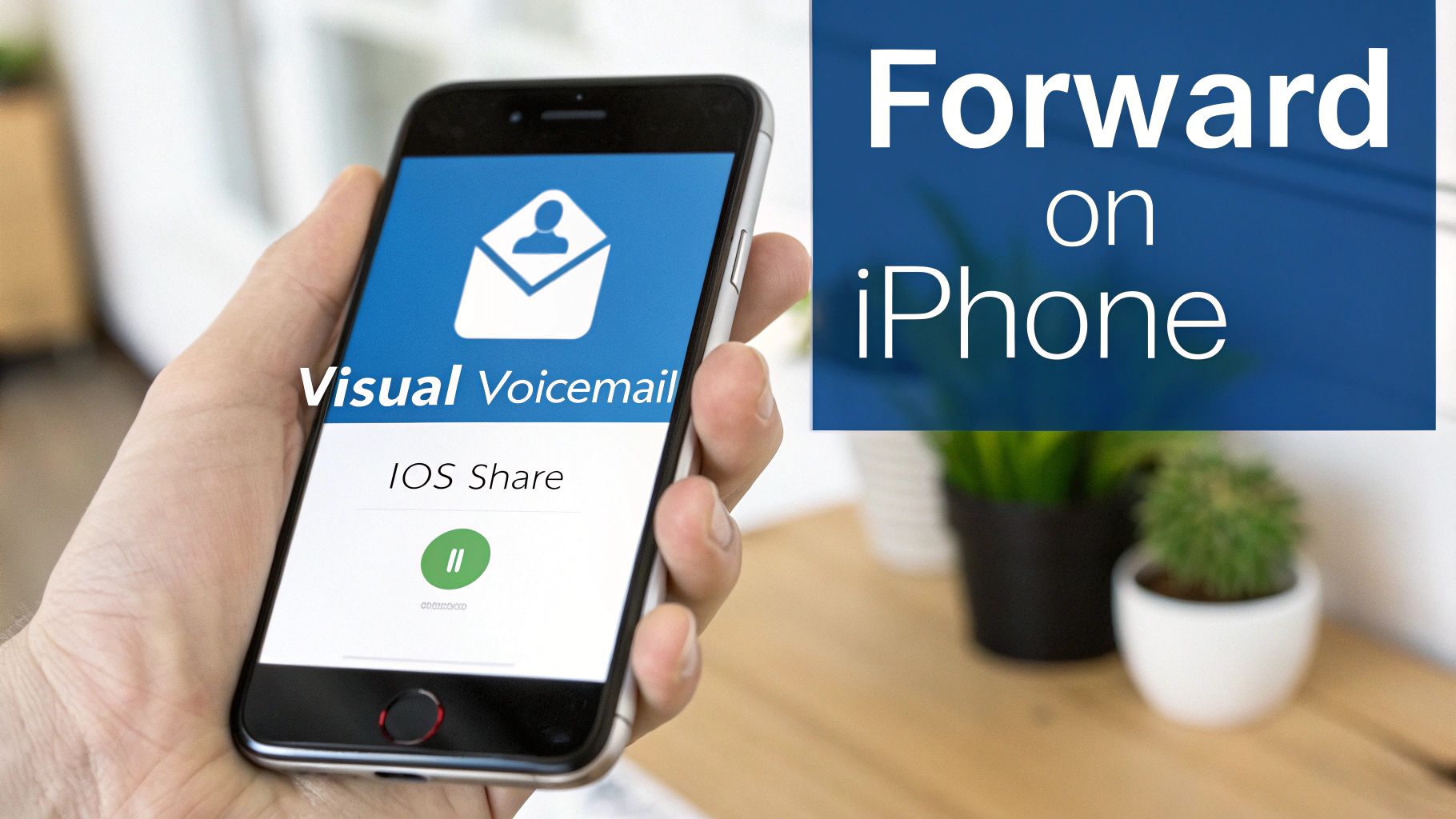 A hand holds an iPhone displaying 'Visual Voicemail' and 'IOS Share', with text 'Forward on iPhone'.